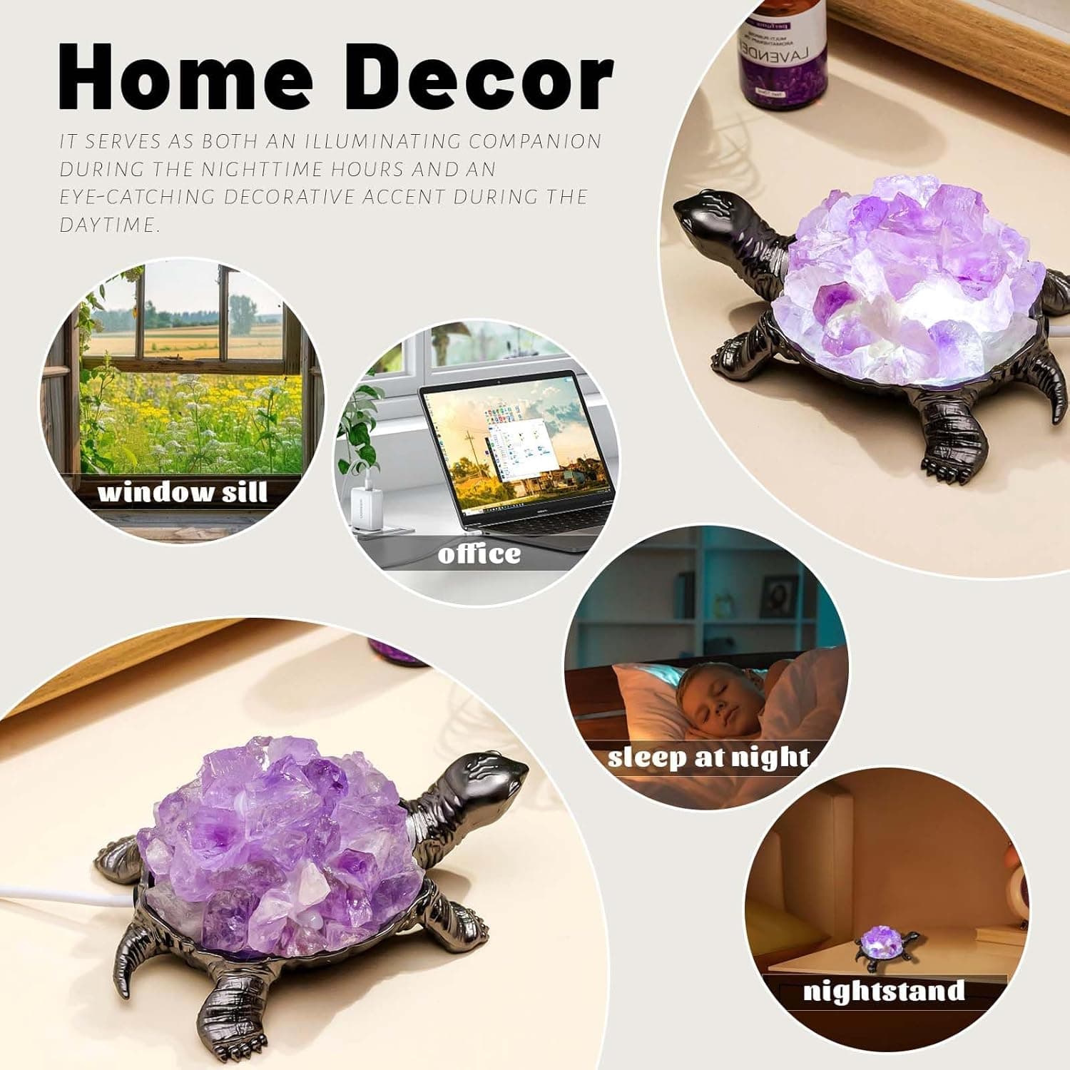 Runyangshi Natural Amethyst Turtle Night Lamp Healing Crystal Bedroom Bedside Table Lamp USB Port Home Decor Women Men Gift Purple2 - Image 8