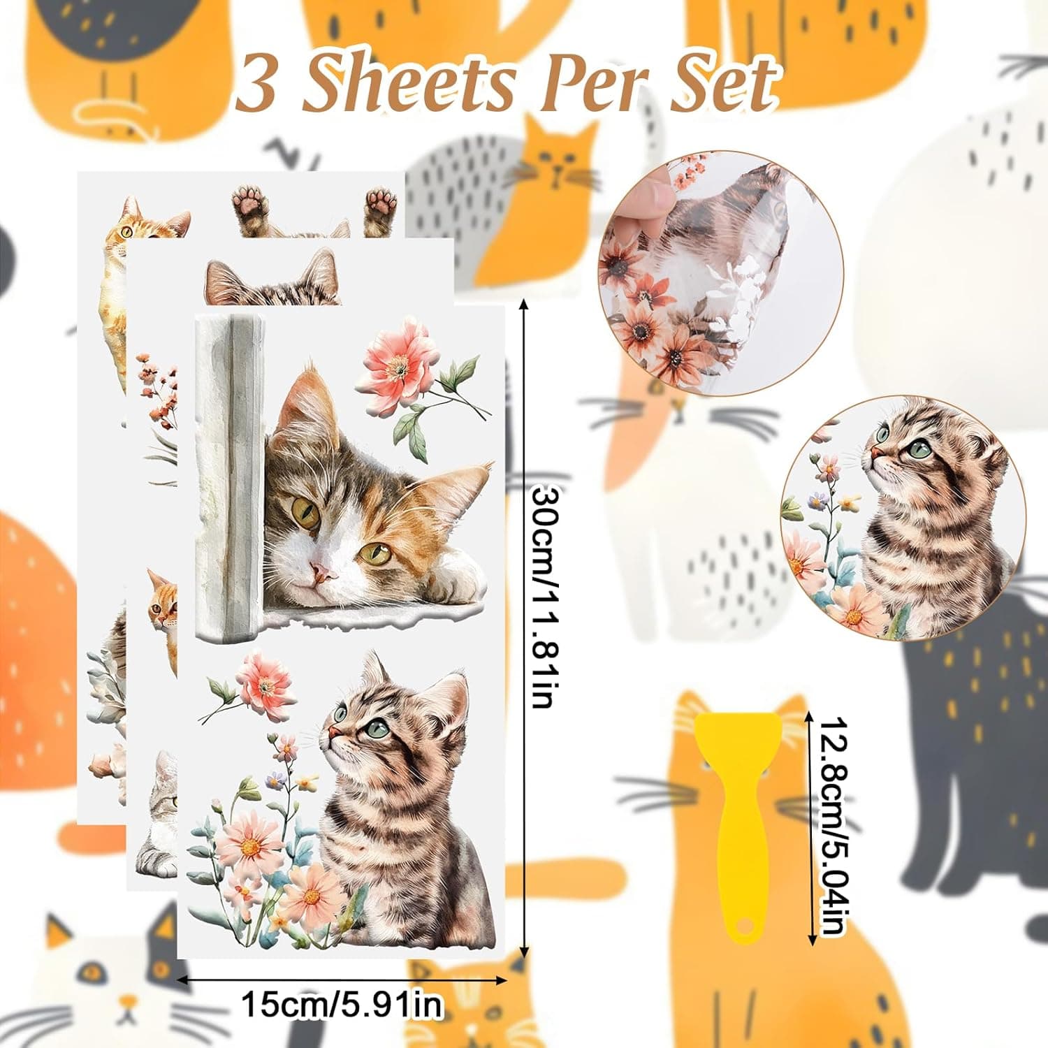 Rub on Transfers for Crafts, 3 Sheets Cats Theme 5.91 * 11.81in Rub on Transfers for Furniture and Crafts for Wood Farbic Glass DIY Home Office Decoration Cute Cats - Image 3