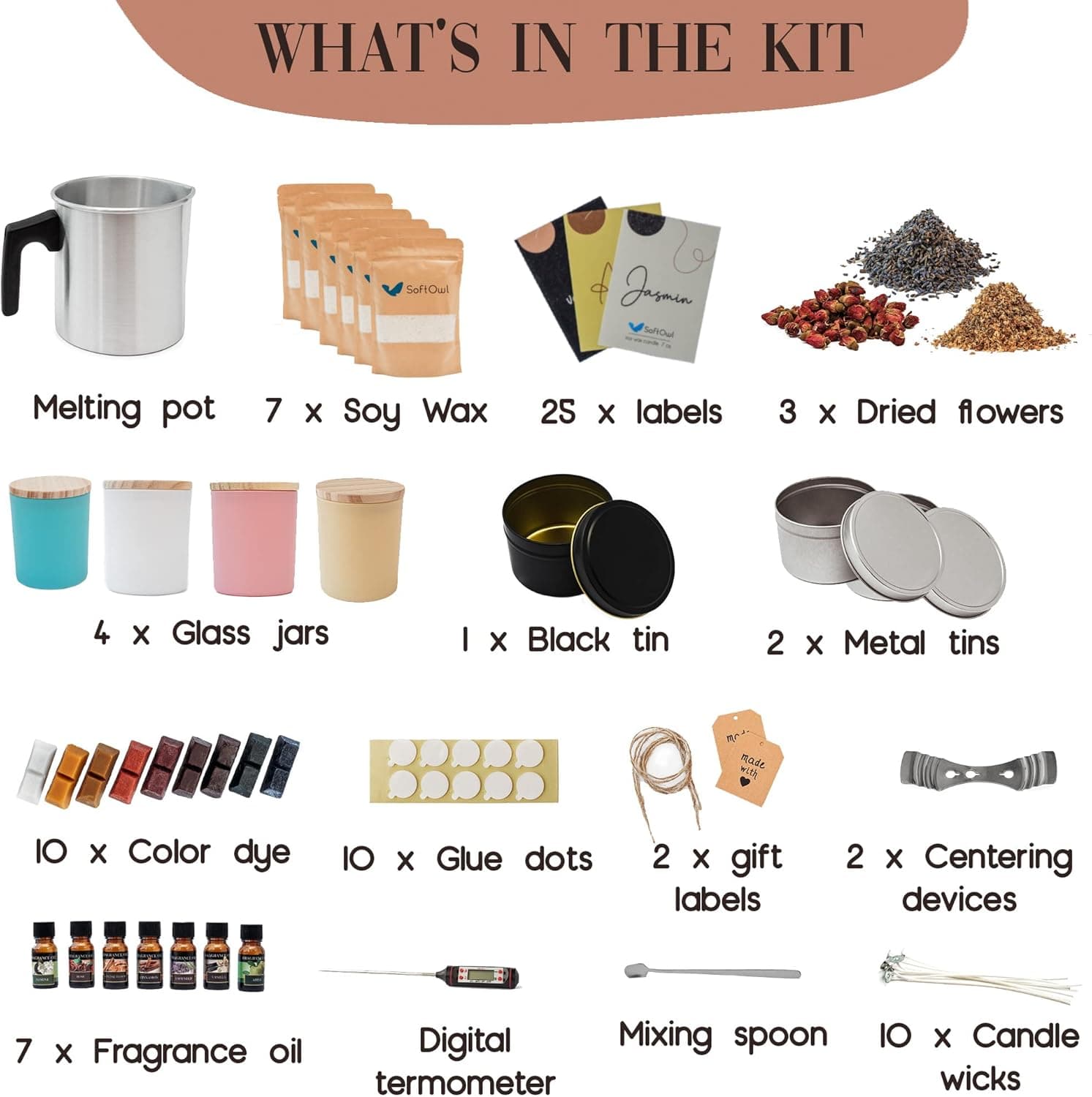 SoftOwl Premium Soy Candle Making Kit - Full Set - Soy Wax, Big 7oz Jars & Tins, 7 Pleasant Scents, Color Dyes & More - Perfect as Home Decorations - DIY Starter Scented Candles Making Kit - Image 3