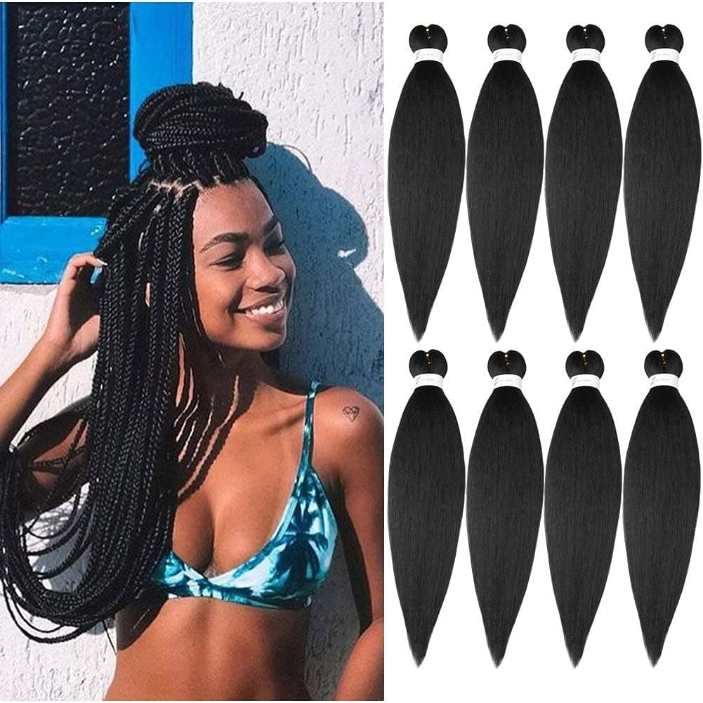 Pre Stretched Braiding Hair 20 Inch 8 Packs Natural Black Braiding Hair Pre Stretched Professional Soft Yaki Texture, Hot Water Setting Hair Extensions for Braids (20inch,#1B) #1B 20 Inch (Pack of 8)