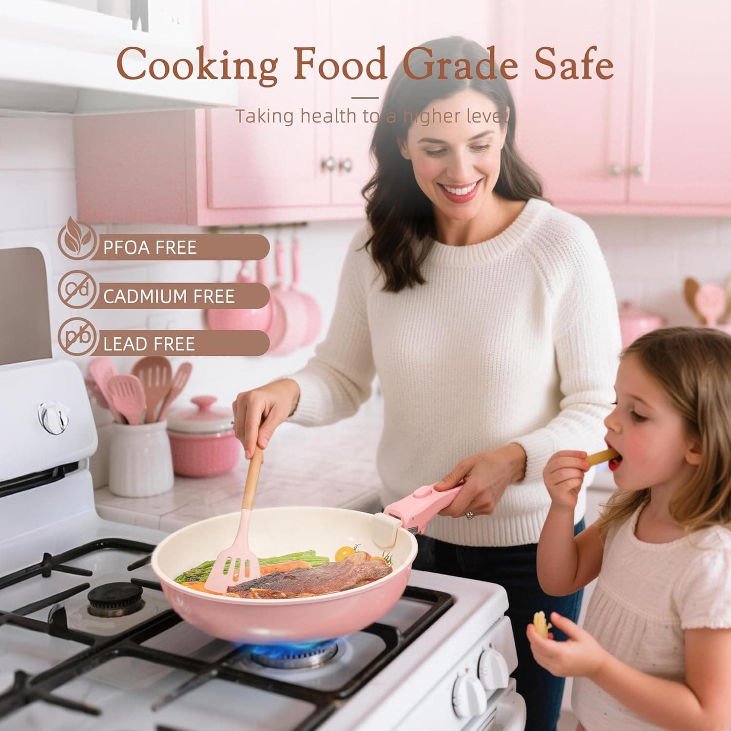 Astercook 21 Pcs Pots and Pans Non Stick Ceramic Cookware Set, Detachable Handles, RV Kitchen Cooking Set, Oven Safe, Induction Ready, Stackable, Pink - Image 8