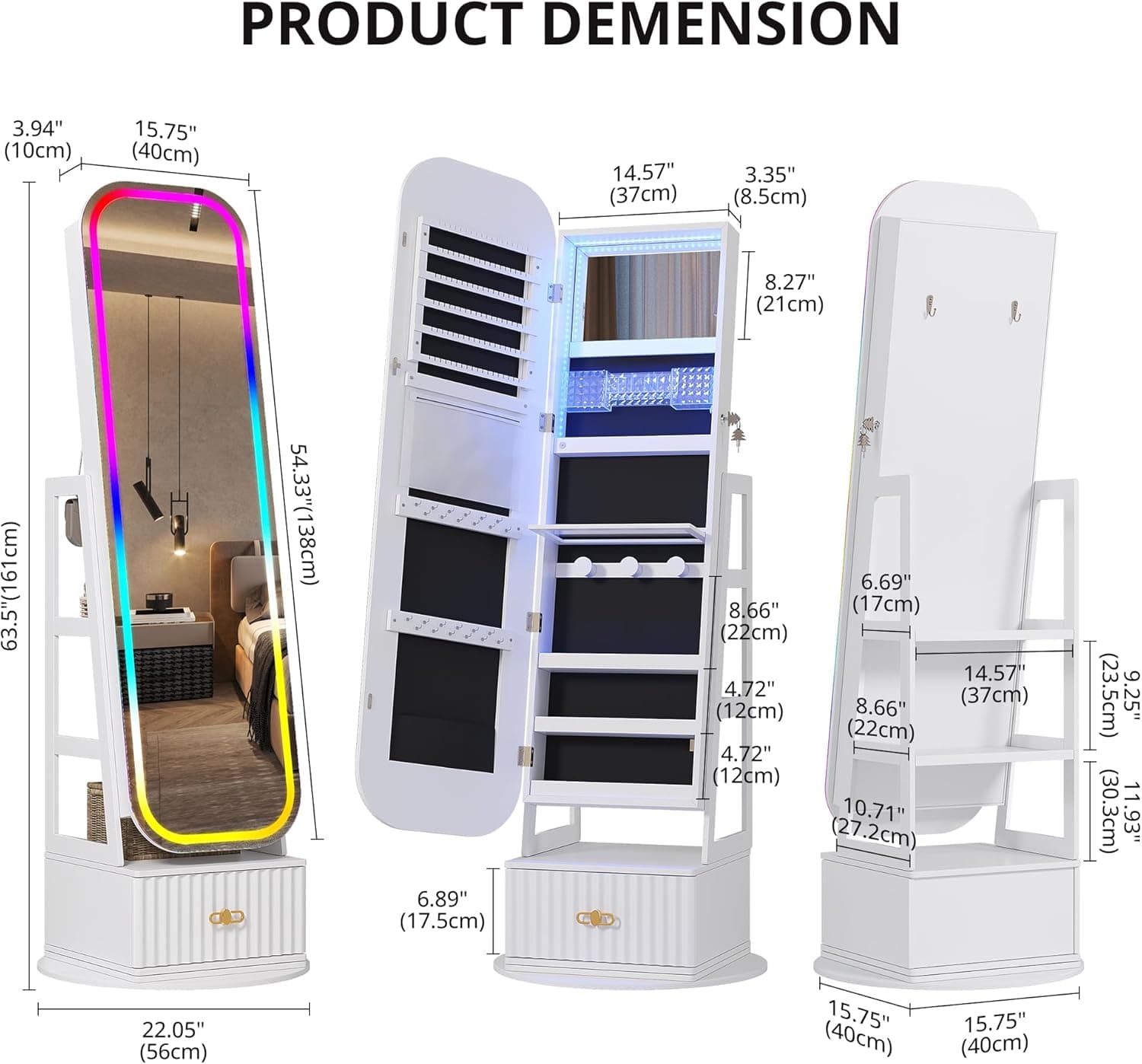 360° Swivel Jewelry Cabinet with Lights - RGB Vanity Mirror | Rotatable Full Length Mirror with Jewelry Storage, Standing Jewelry Armoire Organizer, Foldable Makeup Shelf, White (White 052) - Image 3