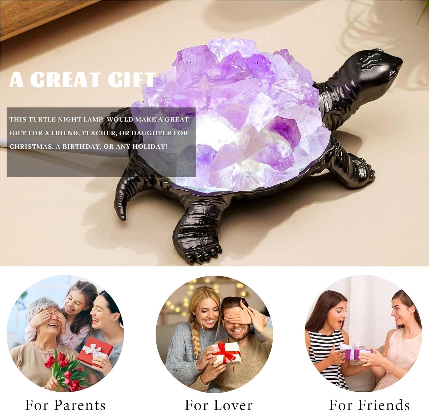 Runyangshi Natural Amethyst Turtle Night Lamp Healing Crystal Bedroom Bedside Table Lamp USB Port Home Decor Women Men Gift Purple2 - Image 7