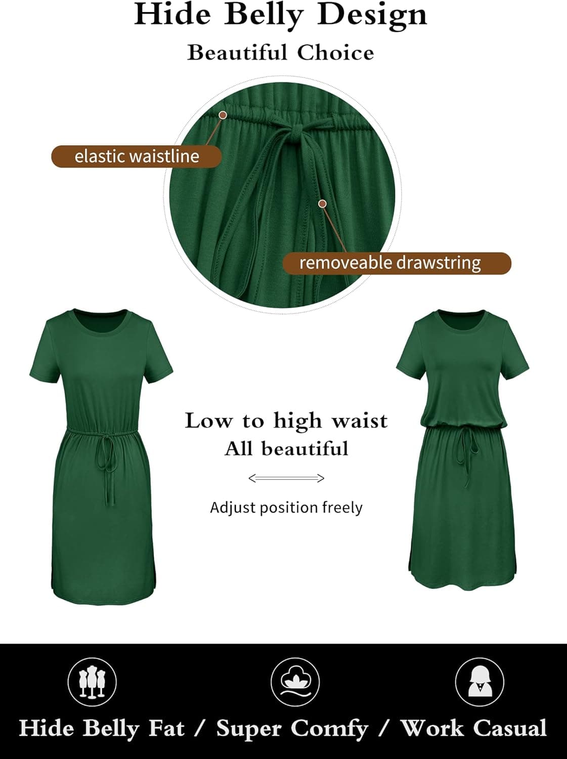 Simier Fariry Womens Summer Hide Belly Knee Length Travel Dress Pocket 2025 Short Sleeve Midi Work Casual Teacher Outfit B-pd-green Large - Image 6