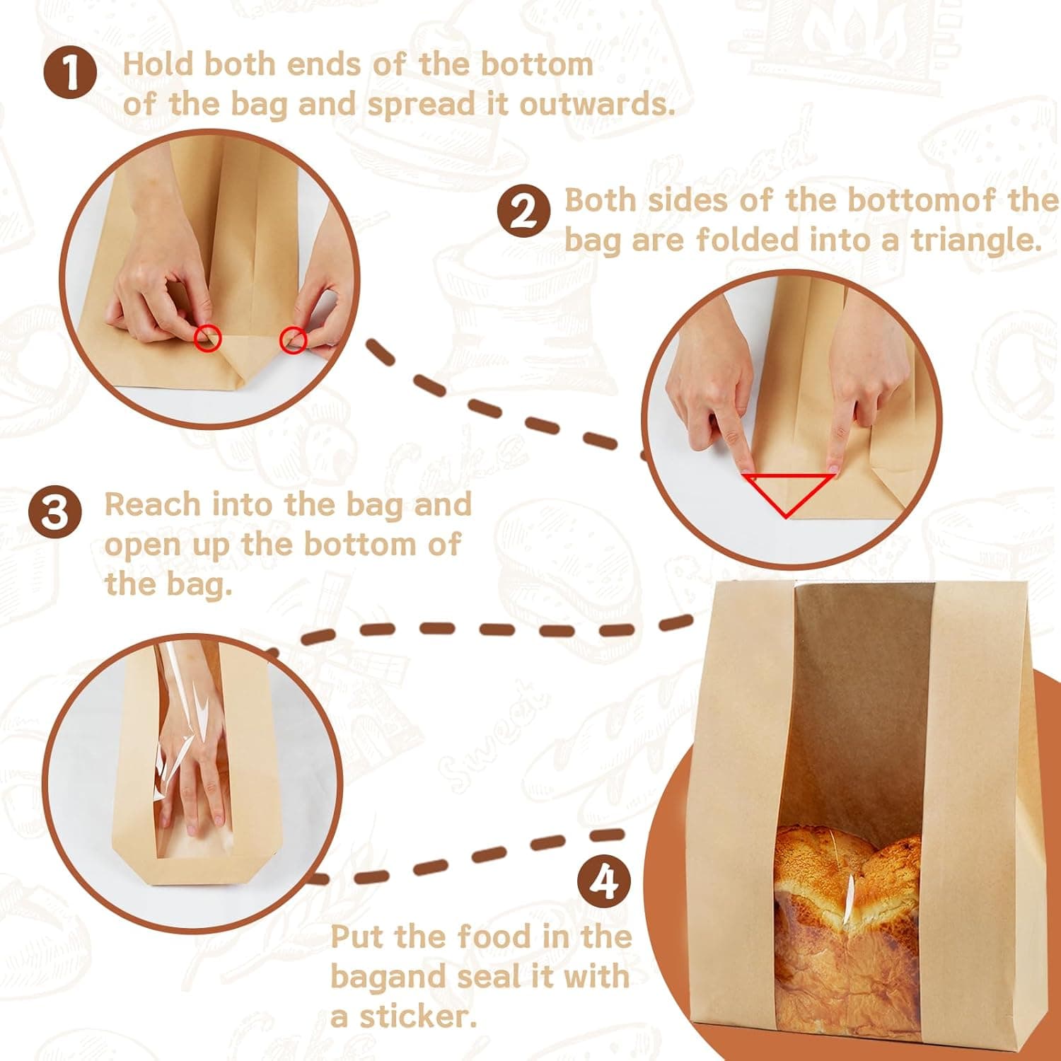 100 Pack Large 14x8.3x3.5in Bread Bags for Homemade Bread, Kraft Paper Bakery Bags with Clear Window & Tin Tie Lock, Thicker Cookie & Snack Storage Bags, Includes 100 Sealing Stickers - Image 4