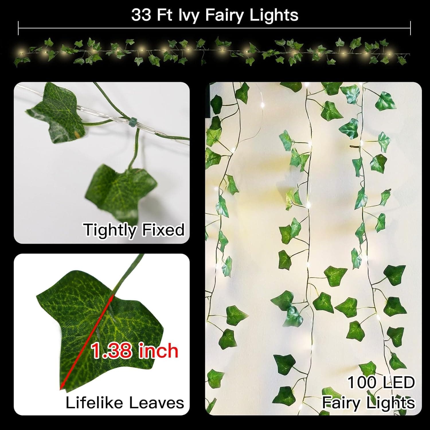 suddus Vine with Fairy Lights Battery Operated, 33ft 100 LED Ivy String Lights with Remote, Leaf Lights for Bedroom, Room, Wall, Garden, Party, Wedding Decor (Warm White) 100 LED-Battery-Powered Copper Wire IVY - Image 6