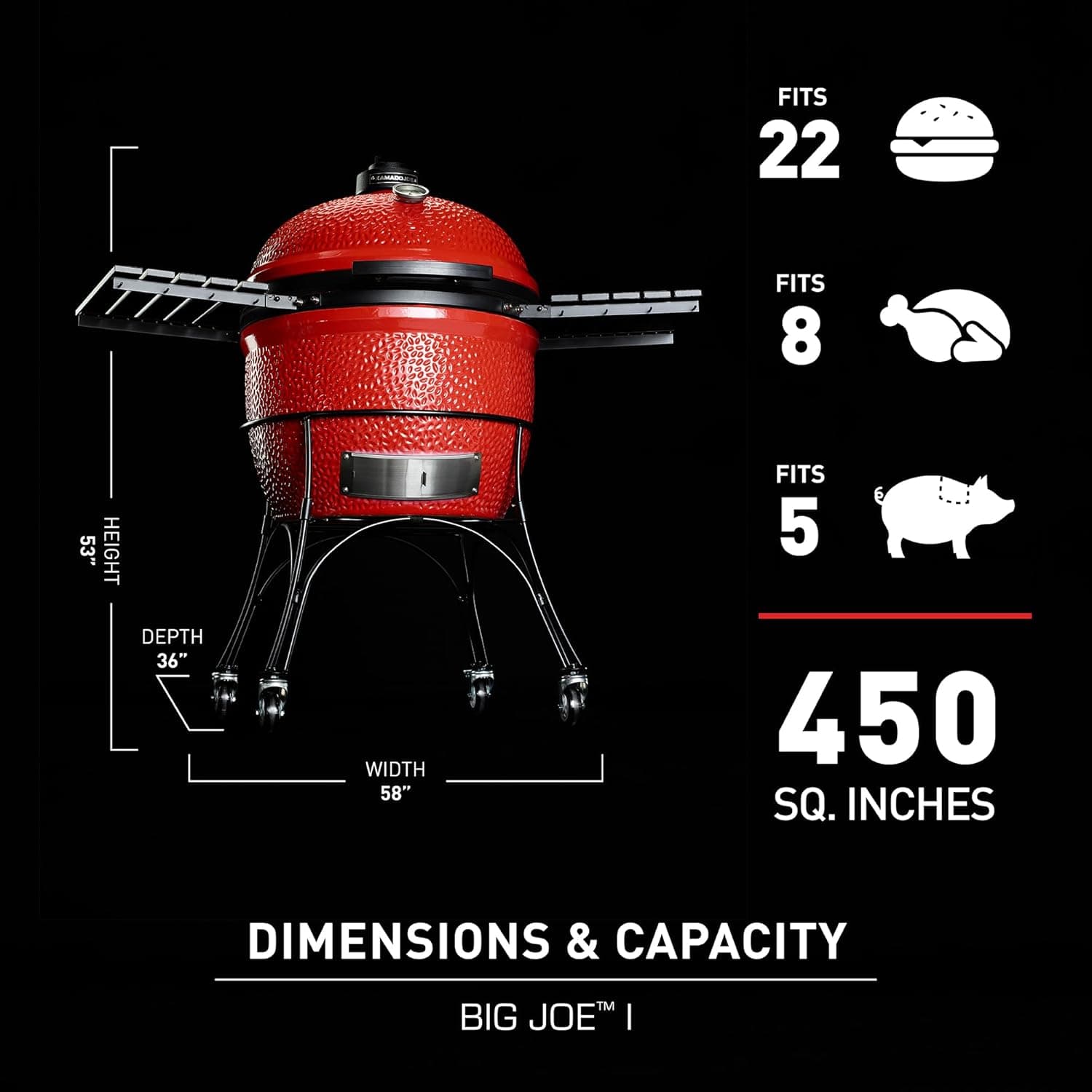 Kamado Joe Big Joe Series I 24-inch Ceramic Charcoal Grill and Smoker with Cart, Side Shelves, Stainless Steel Grates and 450 Cooking Square Inches in Red, Model BJ24Rh Big Joe I - Image 7