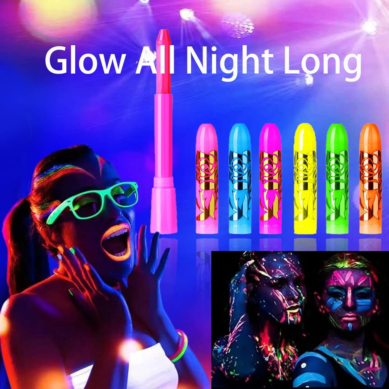 12 PCS Glow Face Body Paint, Glow In The Dark Under UV Black Light Sticks Makeup Neon Face Painting Kits para sa Adult Halloween Festival Accessory Glow Party Supplies - Image 5