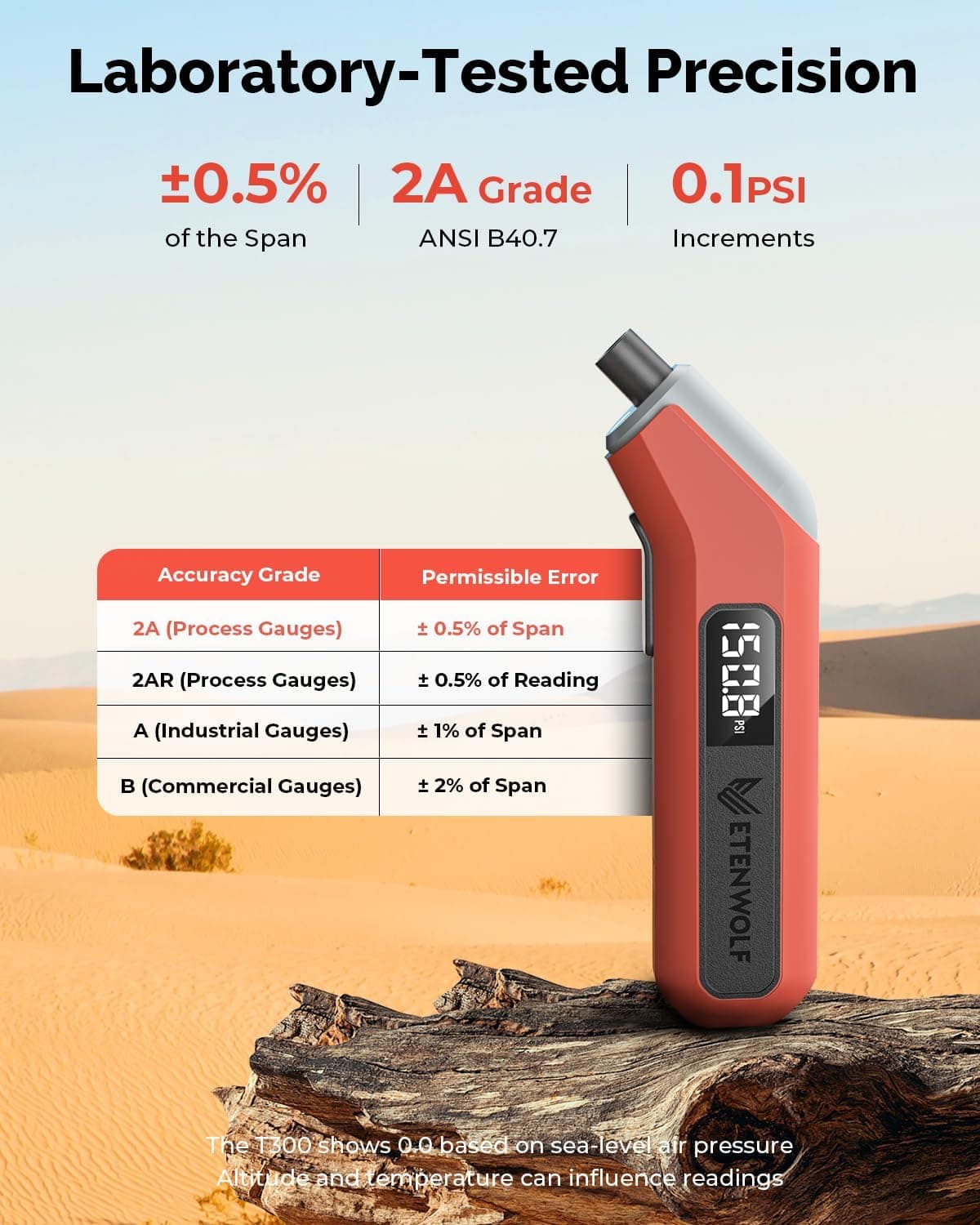 ETENWOLF T300 Digital Tire Pressure Gauge 3-200 PSI, Industrial Tire Gauge Calibrated to ANSI B40.7 Grade 2A(Plus-Minus 0.5%), Replaceable AAA Batteries (Vivid Orange) - Image 3