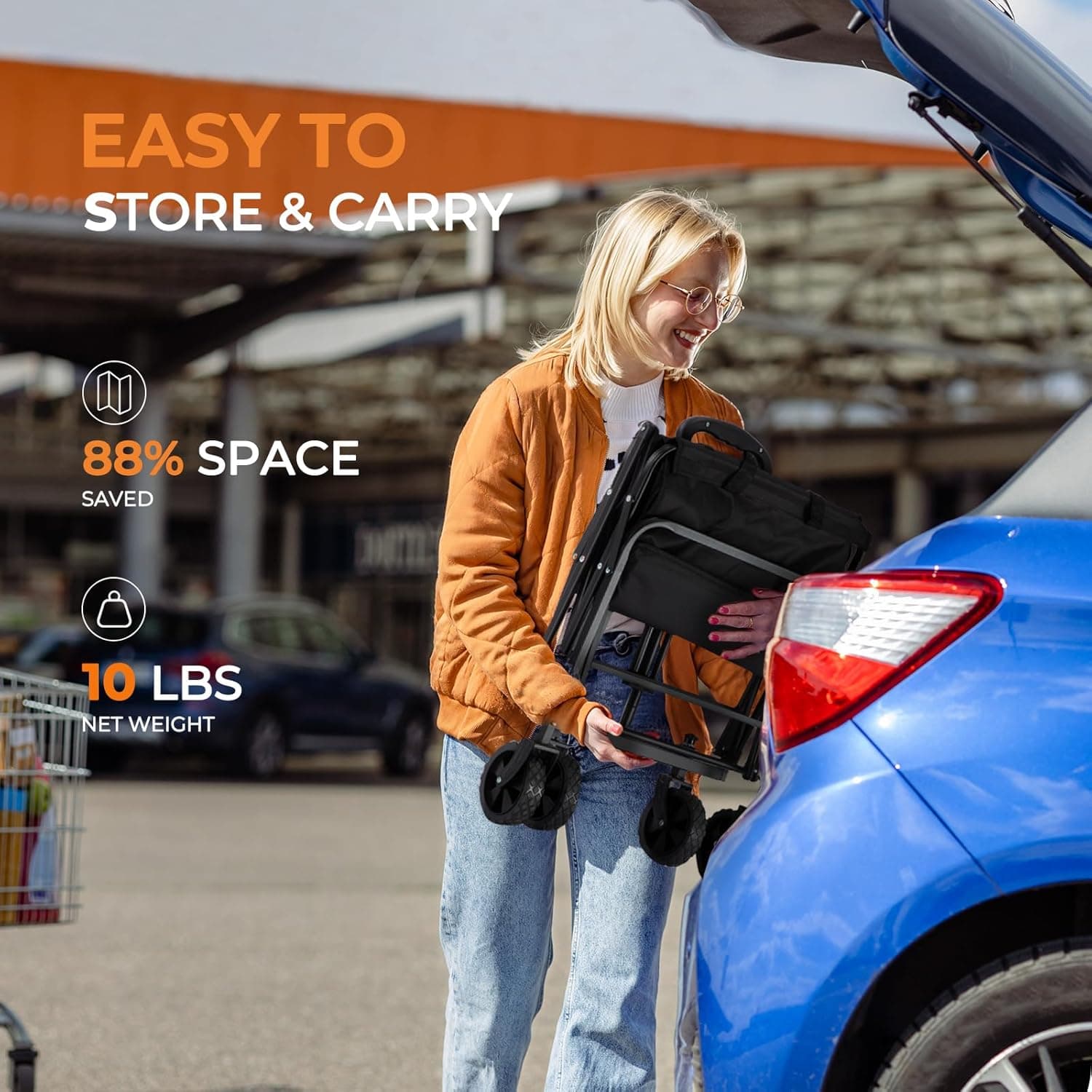 Collapsible Wagon 220 lbs, Heavy Duty Wagon Carts Foldable, Portable Wagons for Groceries, Beach Cart with All-Terrain Wheels & Drink Holders, Utility Wagon for Shopping, Sports, Camping, Black - Image 7