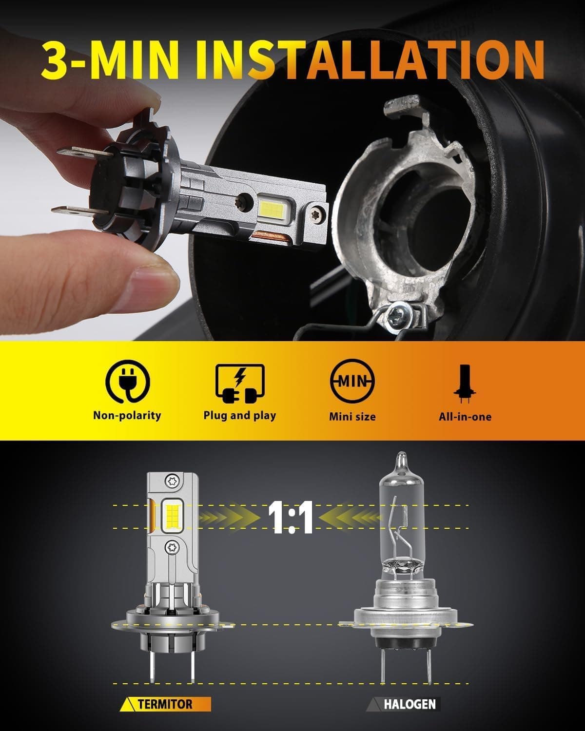 Latest H7/H7LL Bulbs, 50,000LM 900% Brightness, 6500K White Super Bright, 1:1 Halogen Size, 6500 Cool White H7 Fog Lights, No Adapter Required, Easy Install, Non-Polarity, Pack of 2 - Image 3
