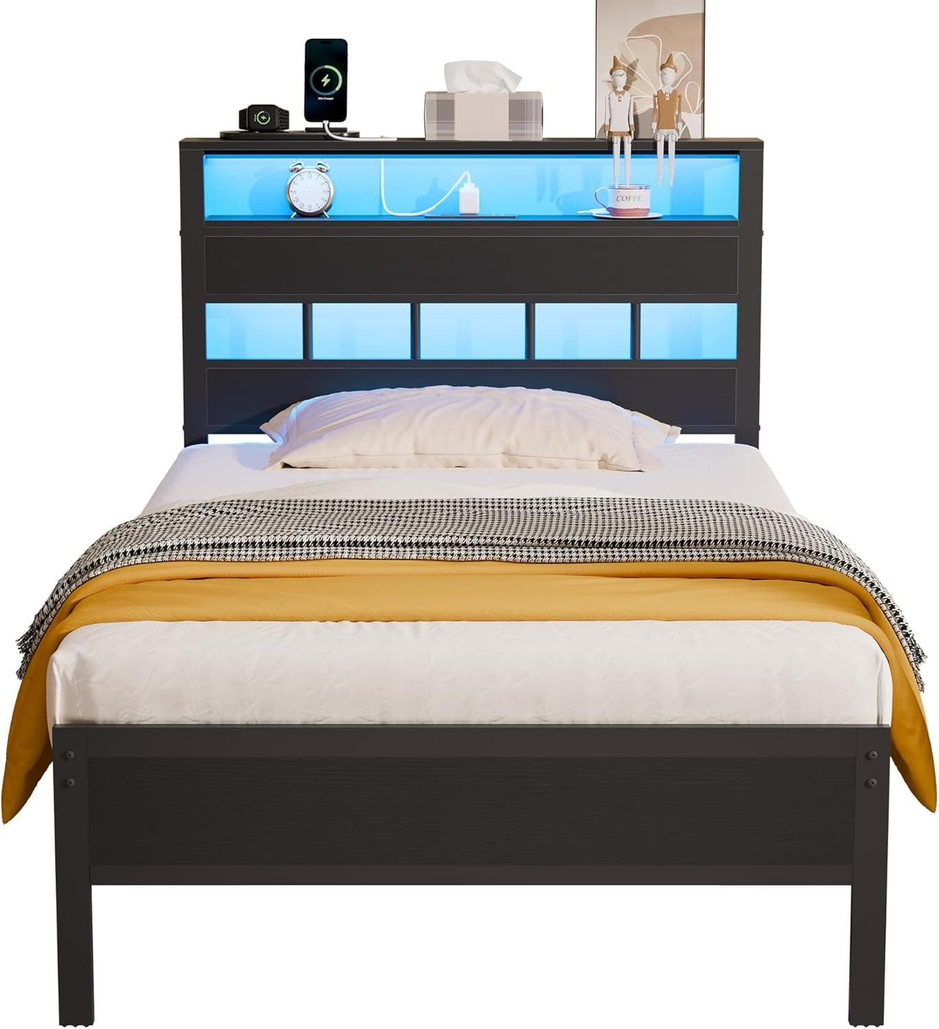 Furnulem Twin Bed Frames with Charging Station and LED Lights, Twin Size Platform Bed with Metal Slats, Wood Headboard with 2-Tier Storage Shelves, No Box Spring Needed, Black Oak Black Oak Twin - Image 10