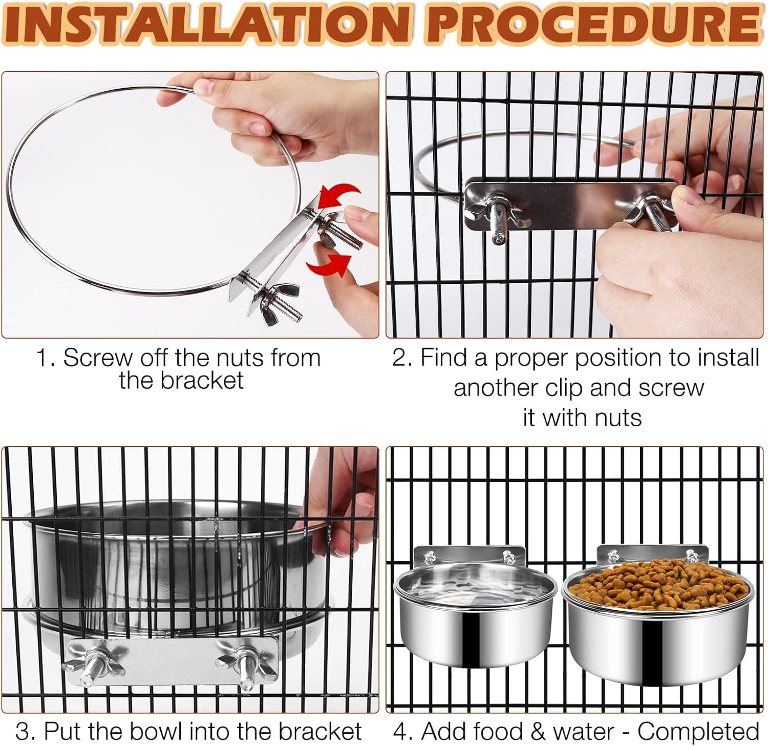 Dog Crate Water and Food Bowl, ShineMe Stainless Steel Dogs Bowls Hanging 2 Pack for Cage Crate Kennel, Spill Proof Dog Bowl for Medium and Small Sized Dogs Cats Pets (6.3 * 2.6” & 5.5 * 2.4”) Silver (40oz+26oz) - Image 3