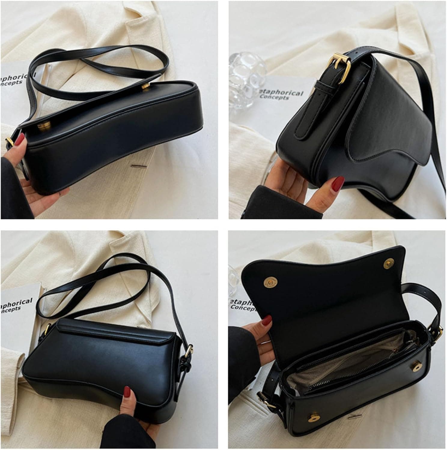 Shoulder Bag for Women Y2K Trendy Purse Vegan Leather Hobo Handbags Clutch Saddle Bag with 2 Removable Strap Black - Image 6