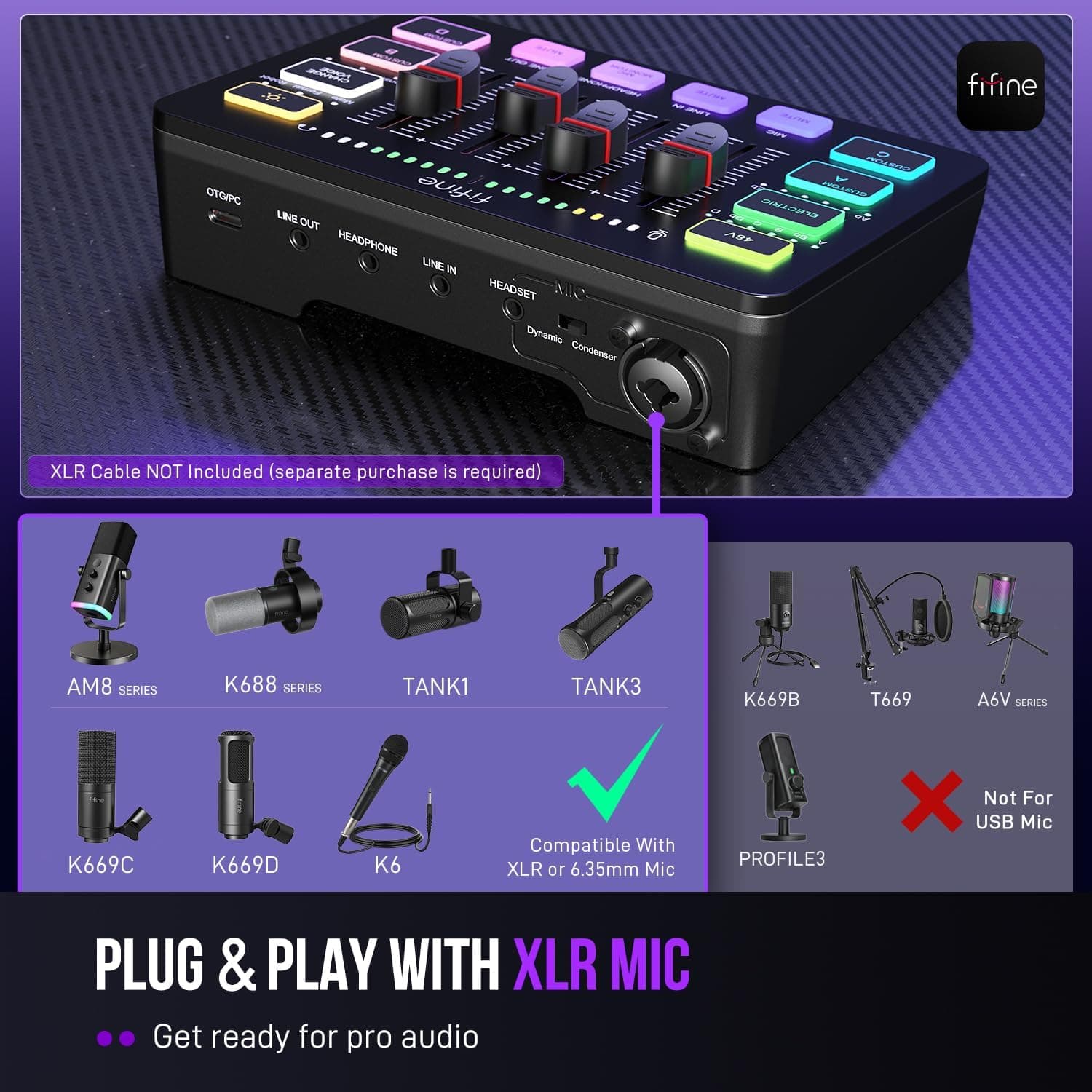FIFINE Gaming Audio Mixer, Streaming RGB PC Mixer with XLR Microphone Interface, Individual Control, Volume Fader, Mute Button, 48V Phantom Power, for Podcast/Recording/Vocal/Game Voice-AmpliGame SC3 Black - Image 9