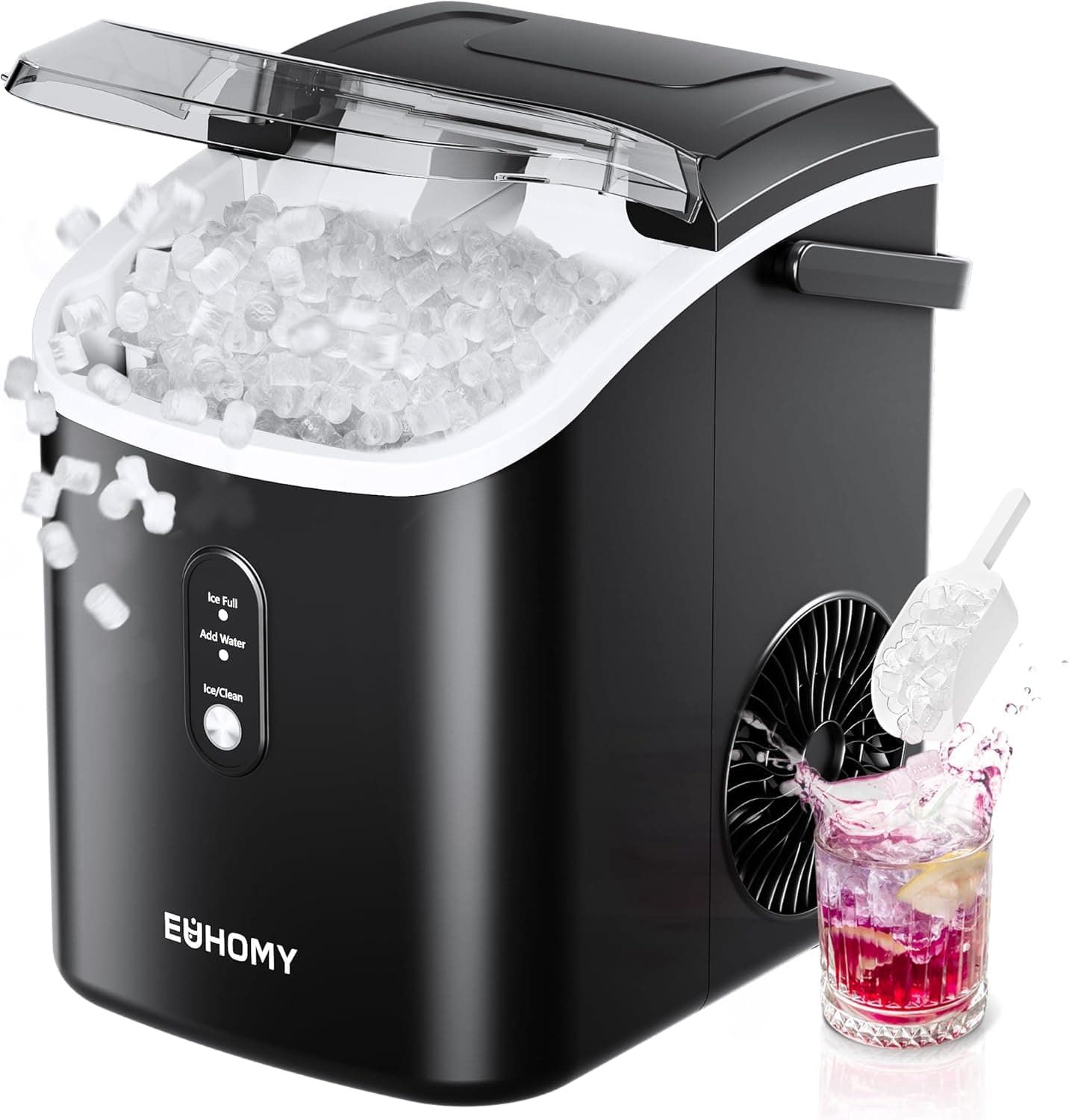 EUHOMY Nugget Ice Maker Countertop with Handle, Ready in 6 Mins, 34lbs Per Day, Removable Top Cover, Auto-Cleaning, Portable Sonic Ice Maker with Basket and Scoop, for Home/Party/RV/Camping (Black) - Image 2