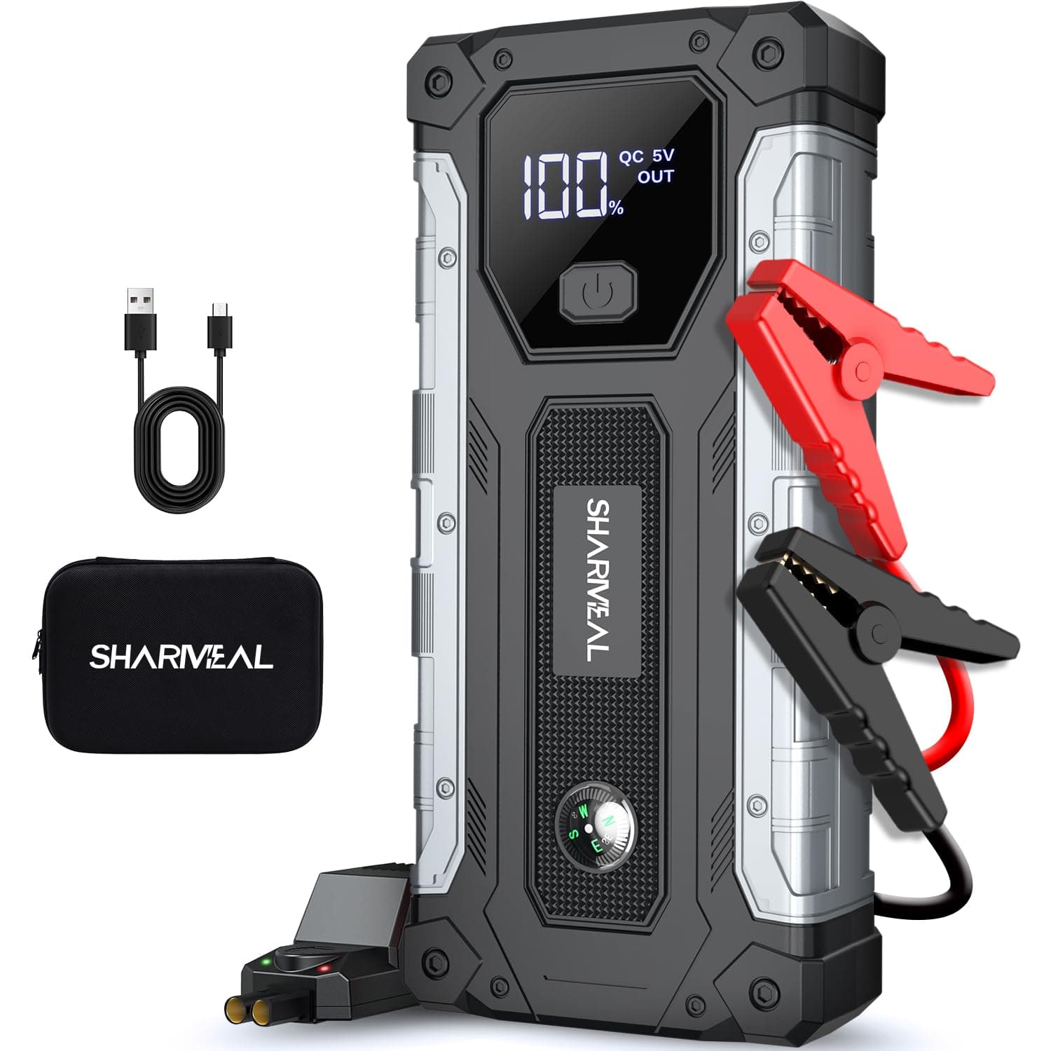 Sharmeal Arrancador de Coche 5000A, Paquete de Batería para Arranque de 10.0L Gas y 9.0L Diésel, Caja de Arranque Portátil de 12V con Luz LED