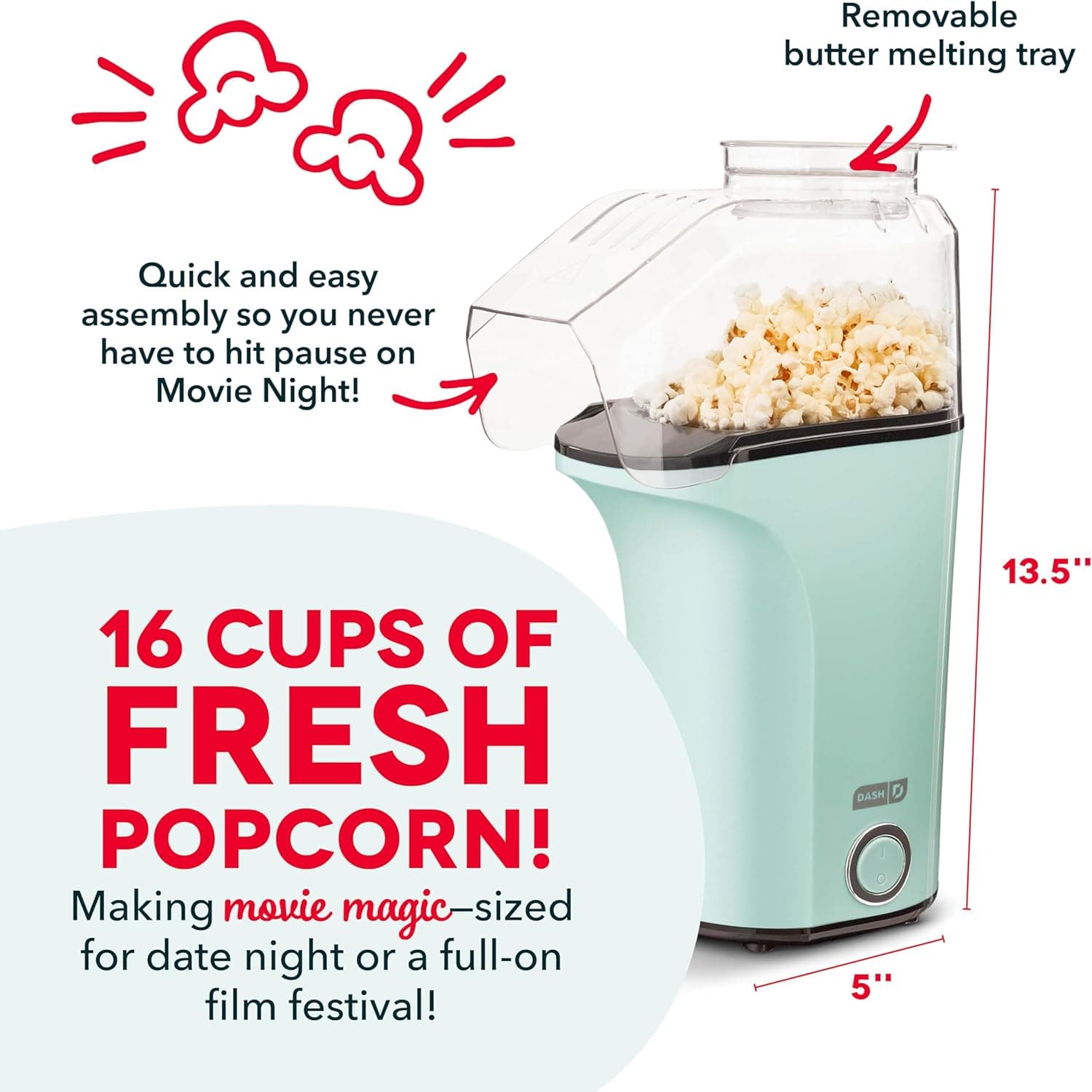 DASH Hot Air Popcorn Popper Maker with Measuring Cup to Portion Popping Corn Kernels + Melt Butter, 16 Cups - Aqua Aqua 16 cups - Image 5