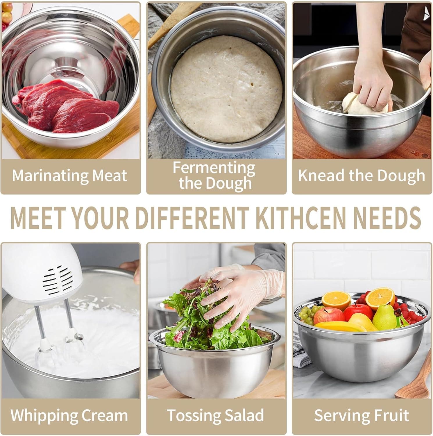 Mixing Bowls Set, 25PCS Khaki Mixing Bowls With Lids Set Stainless Steel Kitchen Large Nesting Metal Bowl 7QT to 1.5QT, Measuring Cups and Spoons for Prepping Cooking Serving Khaki Bowls Set - Image 4