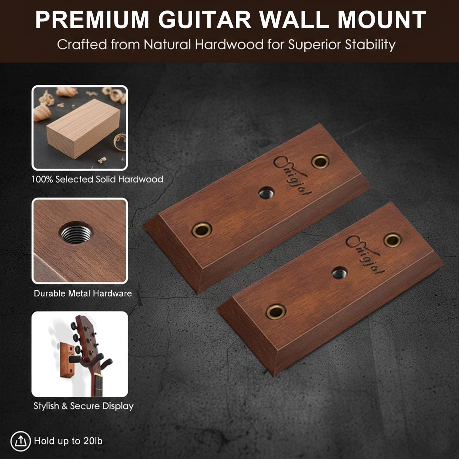 SNIGJAT Guitar Wall Mount 2 Pack, Wood Guitar Hanger Wall Hook with Screws, Guitar Stand Wall Mount Holder for Acoustic Guitar, Banjo, Bass,Guitar Accessories Gifts for Guitar Players Saddle Brown 2 - Image 2