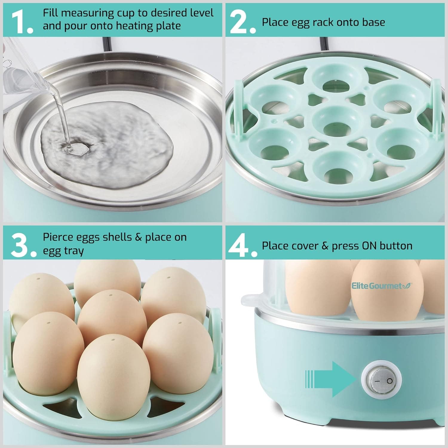 Elite Gourmet EGC115M Easy Egg Cooker Electric 7-Egg Capacity, Soft, Medium, Hard-Boiled Egg Cooker with Auto Shut-Off, Measuring Cup Included, BPA Free, Retro Mint 7 Egg Retro Mint - Image 5