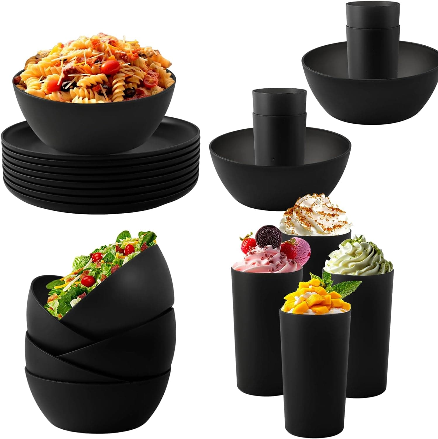 24pcs Dinnerware Sets,Plates and Bowls Sets,Dishes Set for 8,Unbreakable Modern Dish Sets,Reusable Dinning Set,Dishware Sets for Kitchen,Party or Picnic, Dishwasher Safe,Black,BPA free - Image 4