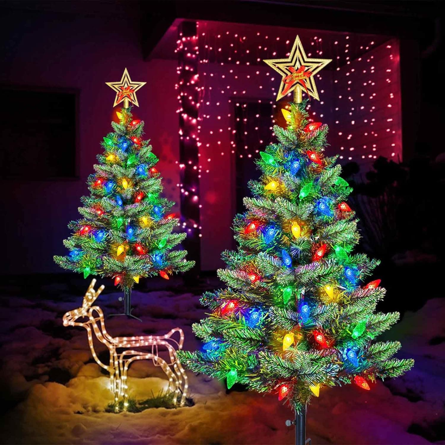 Upgraded Set of 2 Solar Christmas Tree, Outdoor Christmas Decorations,Prelit Xmas Tree w/ 100 LED Multi-color C6 String Lights for Outsdie Holiday Display Yard Front Porch Pathway Grave Cemetery Decor - Image 3