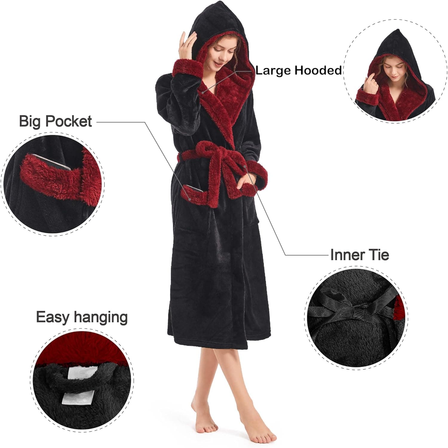 Inner Wish Women Hooded Plush Robe, Fleece Cozy Warm Bathrobe Small-Medium Black+burgundy - Image 6