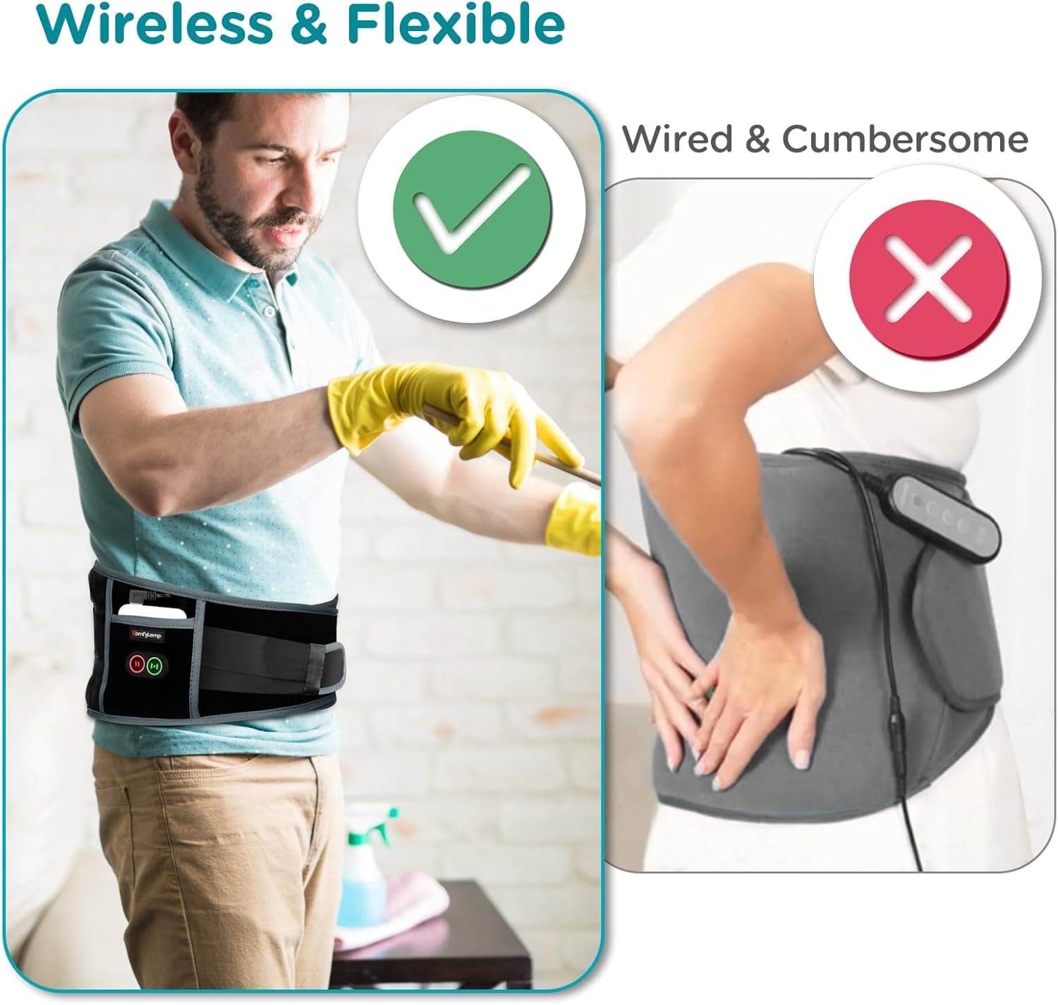 Comfytemp Cordless Heating Pad with Massager for Back Pain Relief, Portable Lower Back Massager FSA Eligible HSA Rechargeable, Birthday Christmas Gifts for Women Men Mom Dad Seniors 3 Heat 30 Auto-Off Black - Image 9