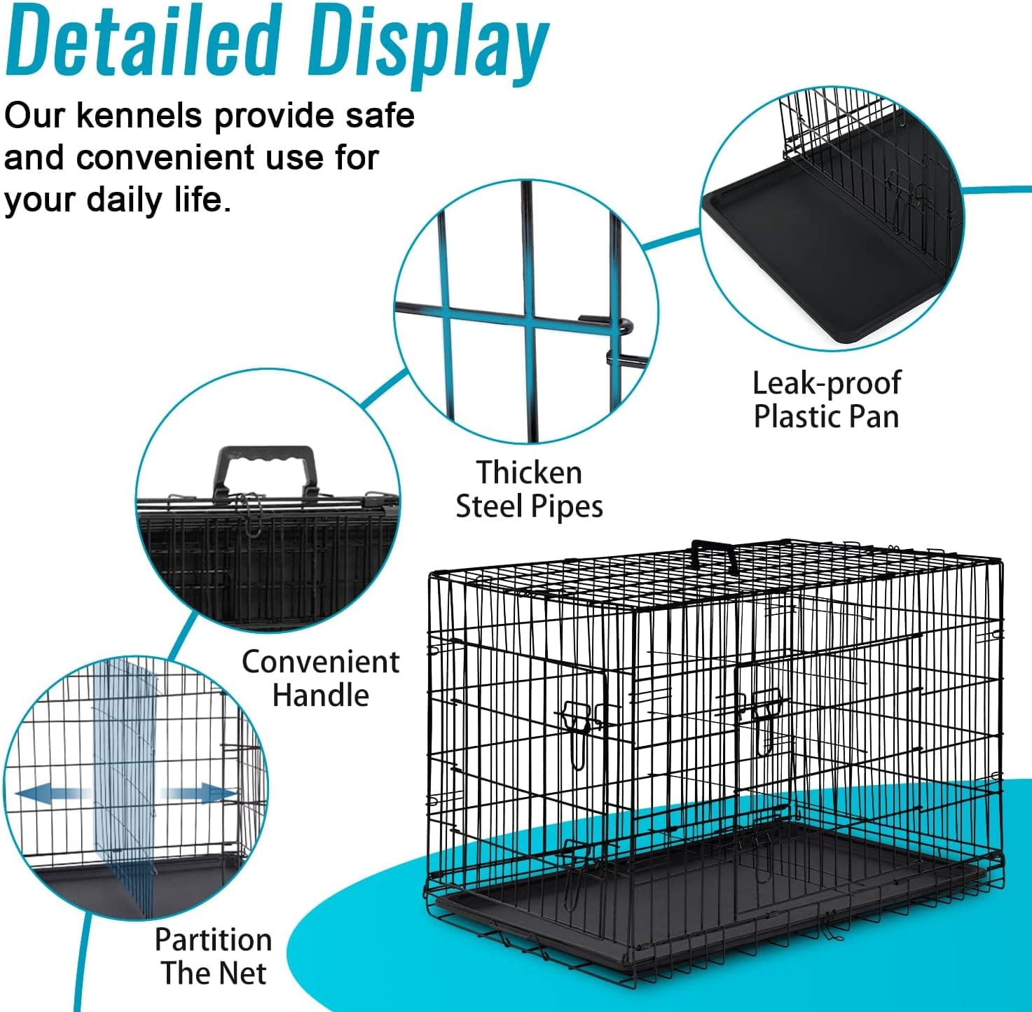 FDW Dog Crate for Small Dogs 24 Inch Folding Metal WirePet Cage Double Door W/Divider Panel Indoor Outdoor Kennel Leak-Proof Plastic Tray,Black Black 24 Inch Double Door - Image 6