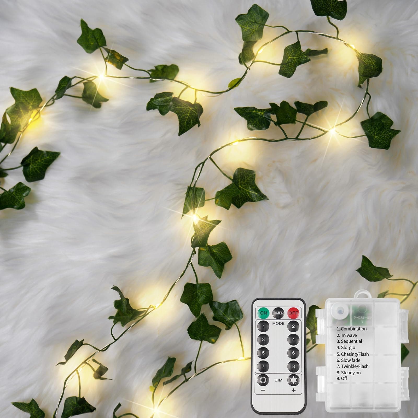 suddus Vine with Fairy Lights Battery Operated, 33ft 100 LED Ivy String Lights with Remote, Leaf Lights for Bedroom, Room, Wall, Garden, Party, Wedding Decor (Warm White) 100 LED-Battery-Powered Copper Wire IVY