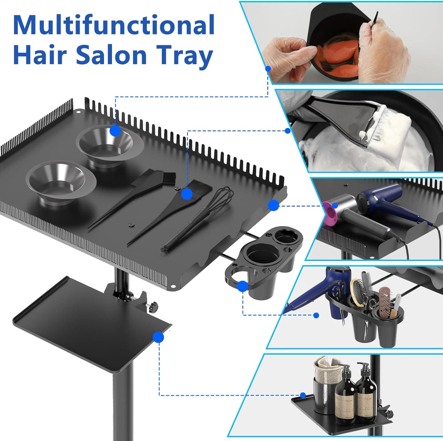 ZHOOGE Hairstylist Rolling Cart, Salon Trolley With Storage Platform and Hair Separator Stand, Coloring Tray With Dye Bowls and Tools, Black - Image 4