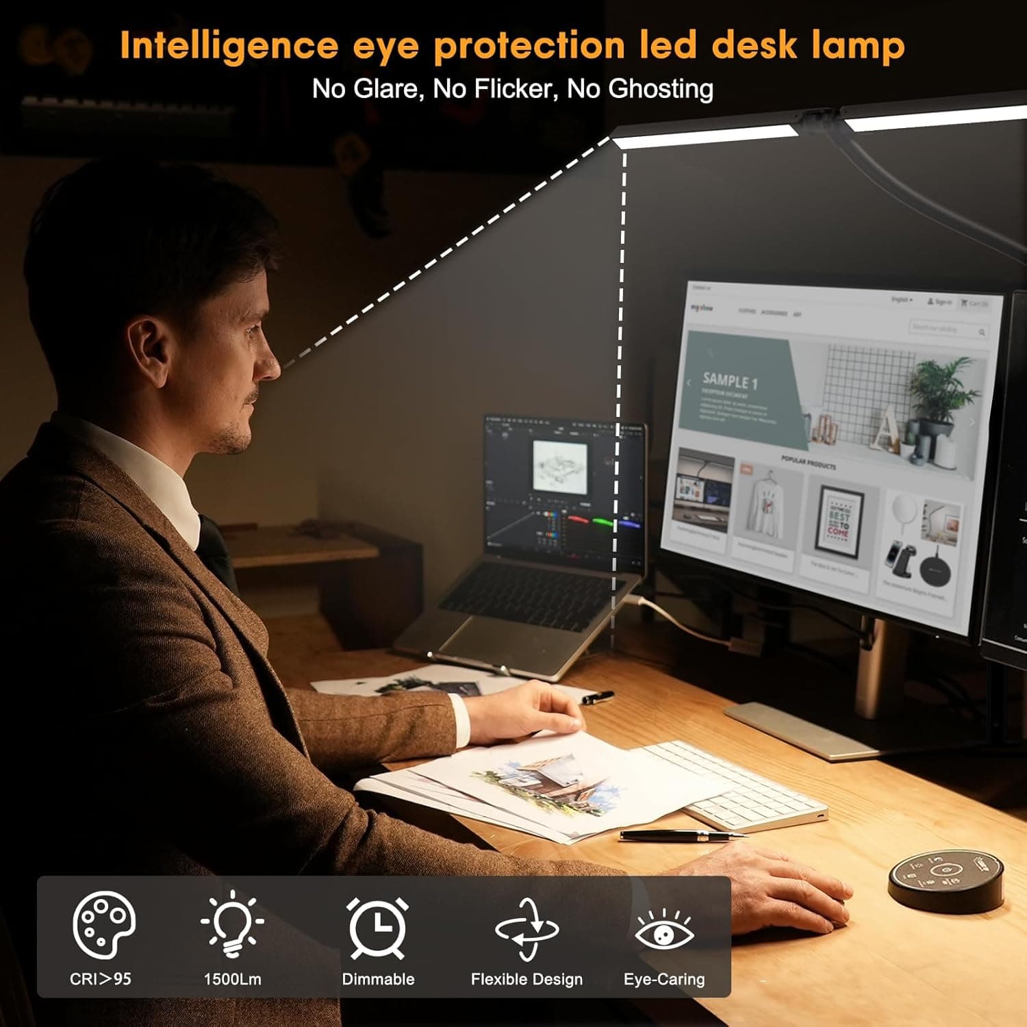 Led Desk Lamp for Office Home - Eye Caring Architect lamp with Clamp,Dual Screen Computer Monitor Work Smart Light: 24W 5 Color Flexible Adjustable Lighting Table Lamp for Study Drafting Black - Image 4