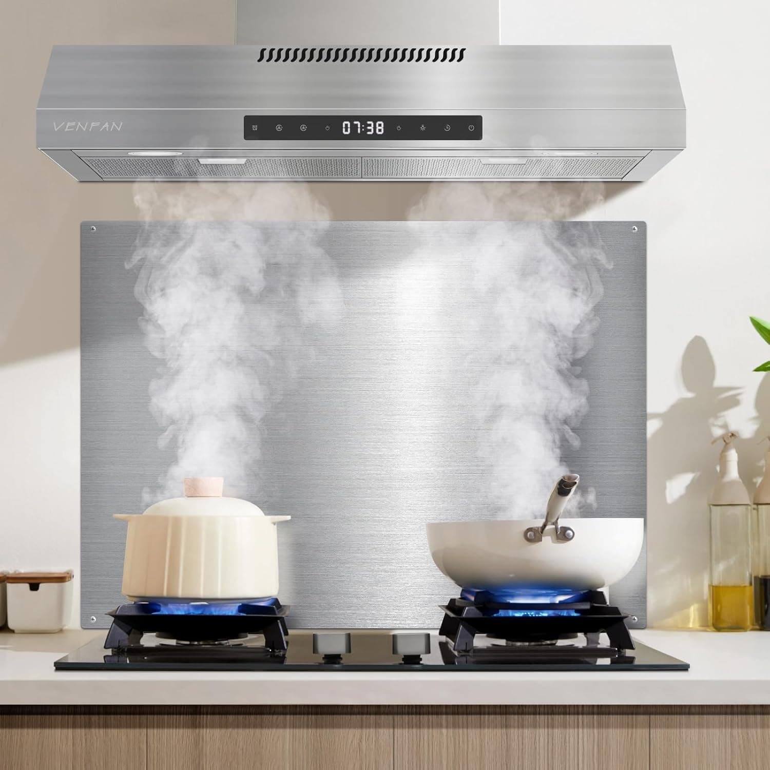 Stainless Steel Backsplash for Stove - Ultra Flat and Flushed Metal Panel Splatter Guard for Kitchen Wall, Stove Backsplash Panel with 4 Pre-Drilled Holes, Easy Install （29.5" x 24" ） Silver 29.5" x 24" - Image 3