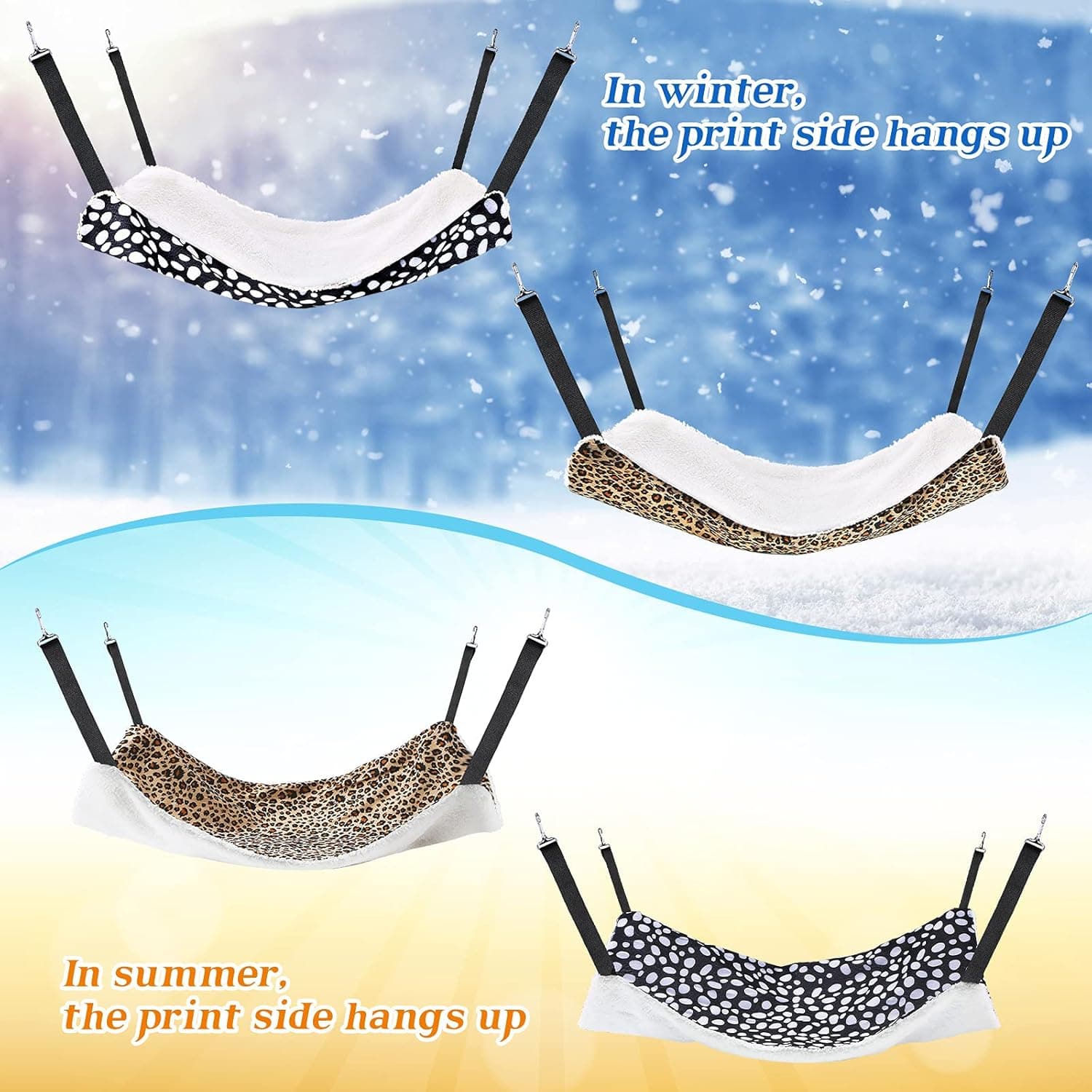 Jetec 2 Pieces Reversible Cat Hanging Hammock Soft Breathable Pet Cage Hammock with Adjustable Straps and Metal Hooks Double Sided Hanging Bed for Small Dogs Rabbits(Leopard and Dot,M) Leopard and Dot M - Image 7