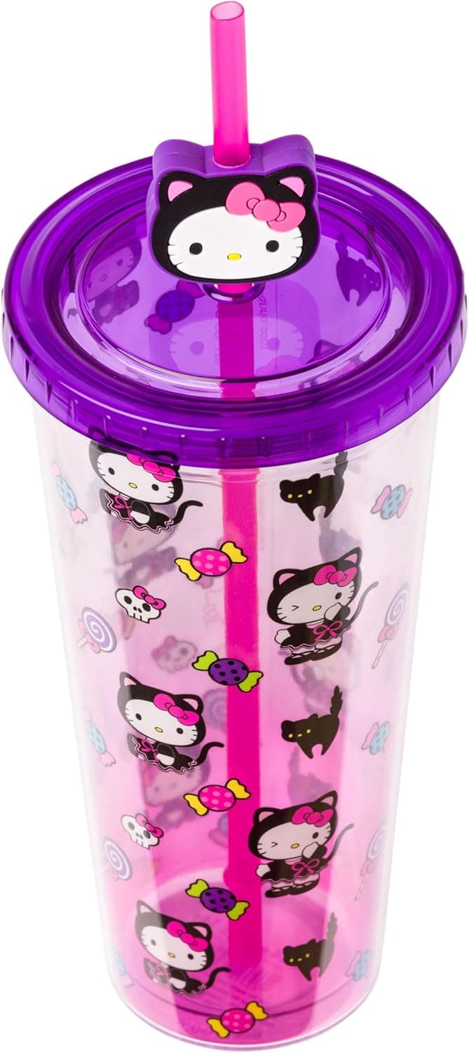 Silver Buffalo Sanrio Hello Kitty Halloween Costume Black Cat and Candy Plastic Cold Cup with Lid and Straw Topper, 24 Ounces Hello Kitty Black Cat Halloween 24 Ounces - Image 4