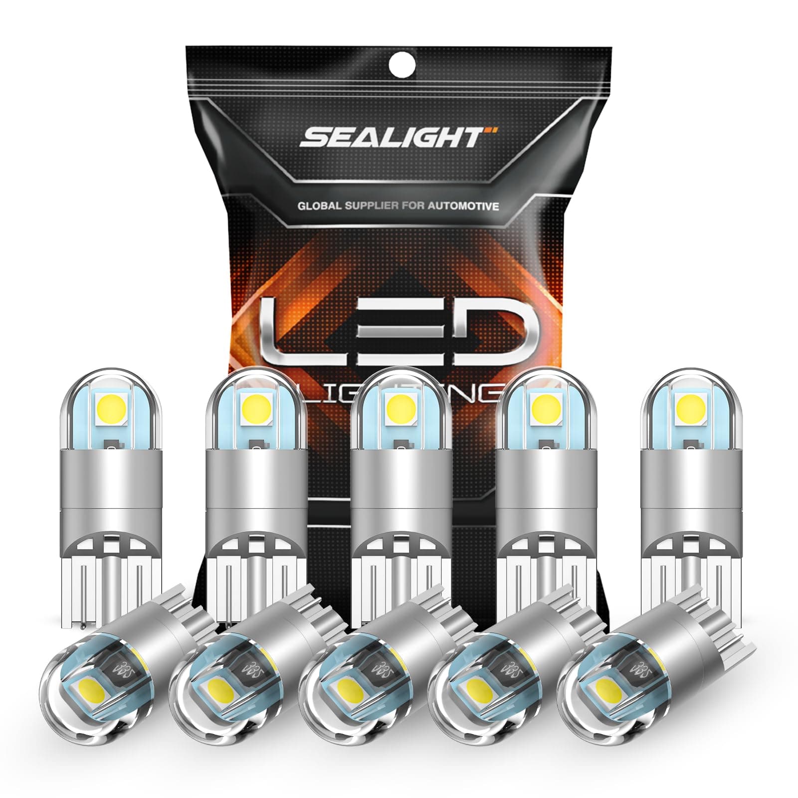 SEALIGHT 194 Bombilla LED 6000K Blanca, Luz de Placa de Matrícula, Luz de Techo, T10 168 2825 W5W 3030 Chips Brillantes Wedge para Bombilla de Reemplazo, Luz LED de Cortesía para Mapa, Maletero, Puerta, Paquete de 10 Blanca 194/168/T10