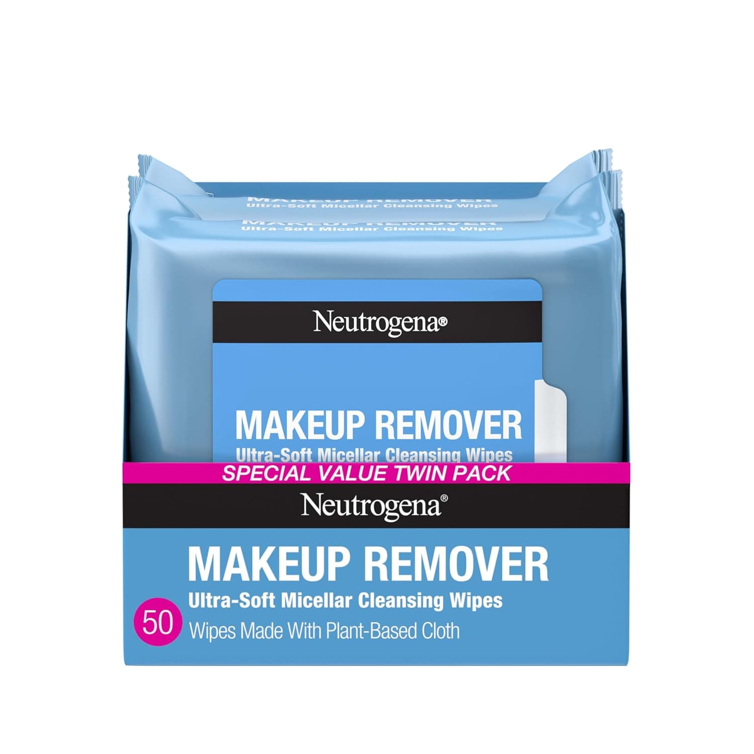 Neutrogena Makeup Remover Wipes Micellar Alcohol-Free Face Towelettes Remove Waterproof Mascara & Oil, Compostable 100% Plant-Based Cloth, Dermatologist & Ophthalmologist Tested, Twin Pack 2 x 25 ct - Image 2