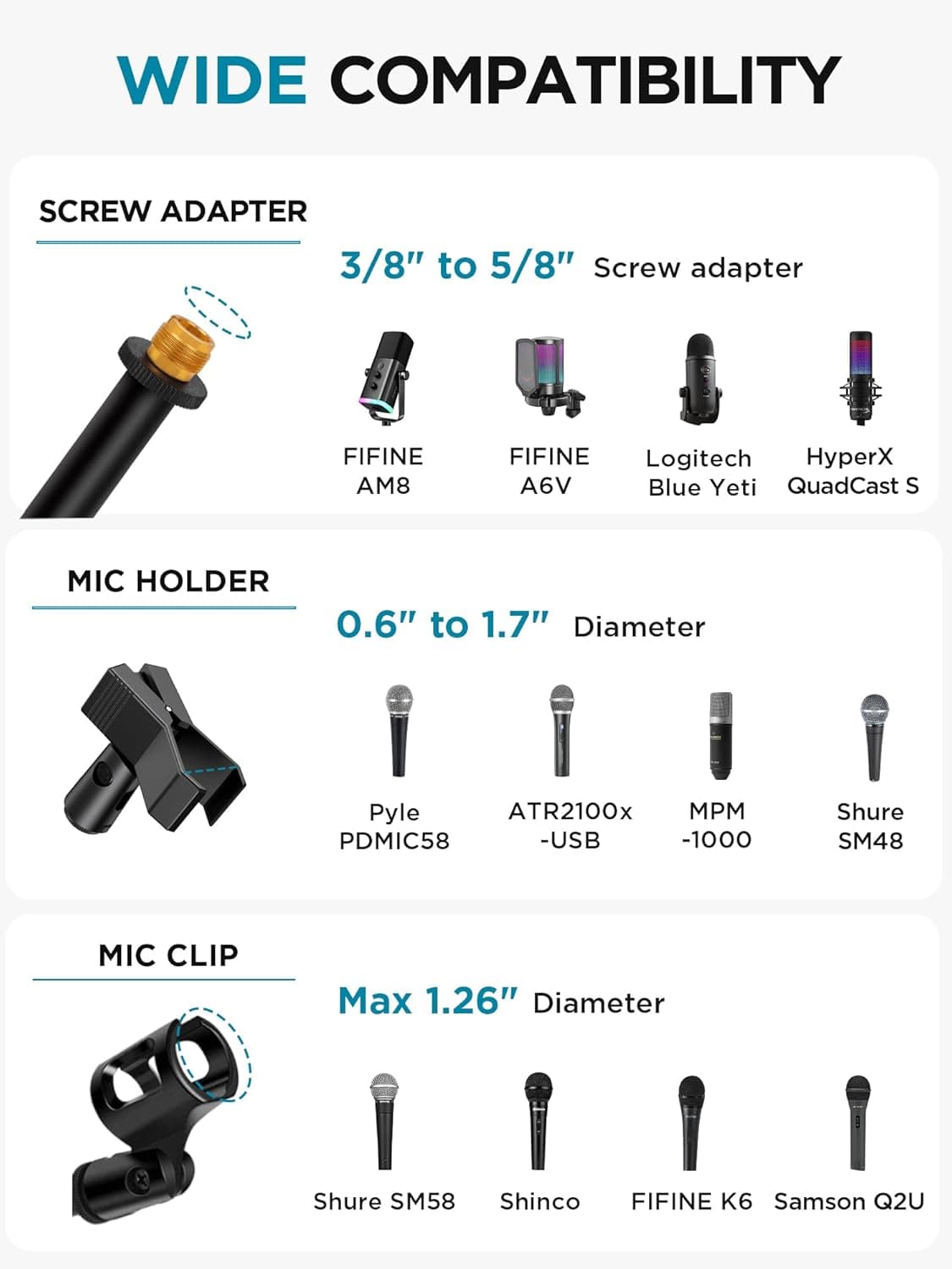 InnoGear Microphone Stand, Tripod Boom Arm Floor Mic Stand Height Adjustable Heavy Duty with Carrying Bag 2 Mic Clips 3/8" to 5/8" Adapter for Singing Podcast for Blue Yeti Shure SM58 SM48 Samson Q2U 1 - Image 6