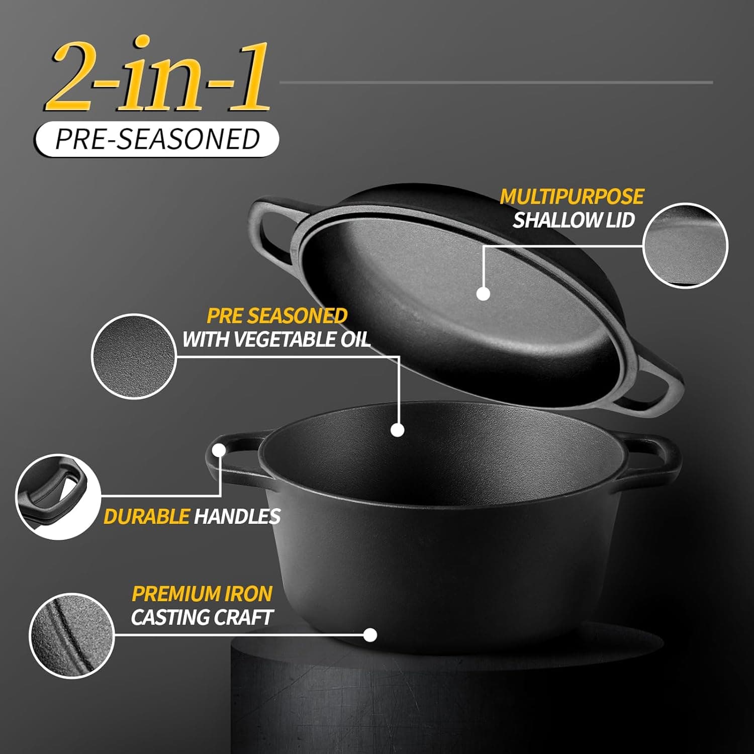 2-in-1 Pre-Seasoned Cast Iron Dutch Oven Pot with Skillet Lid Cooking Pan, Cast Iron Skillet Cookware Pan Set with Dual Handles, Indoor Outdoor for Bread/Frying/Baking/Camping/BBQ, 5 Qt 5QT - Image 3