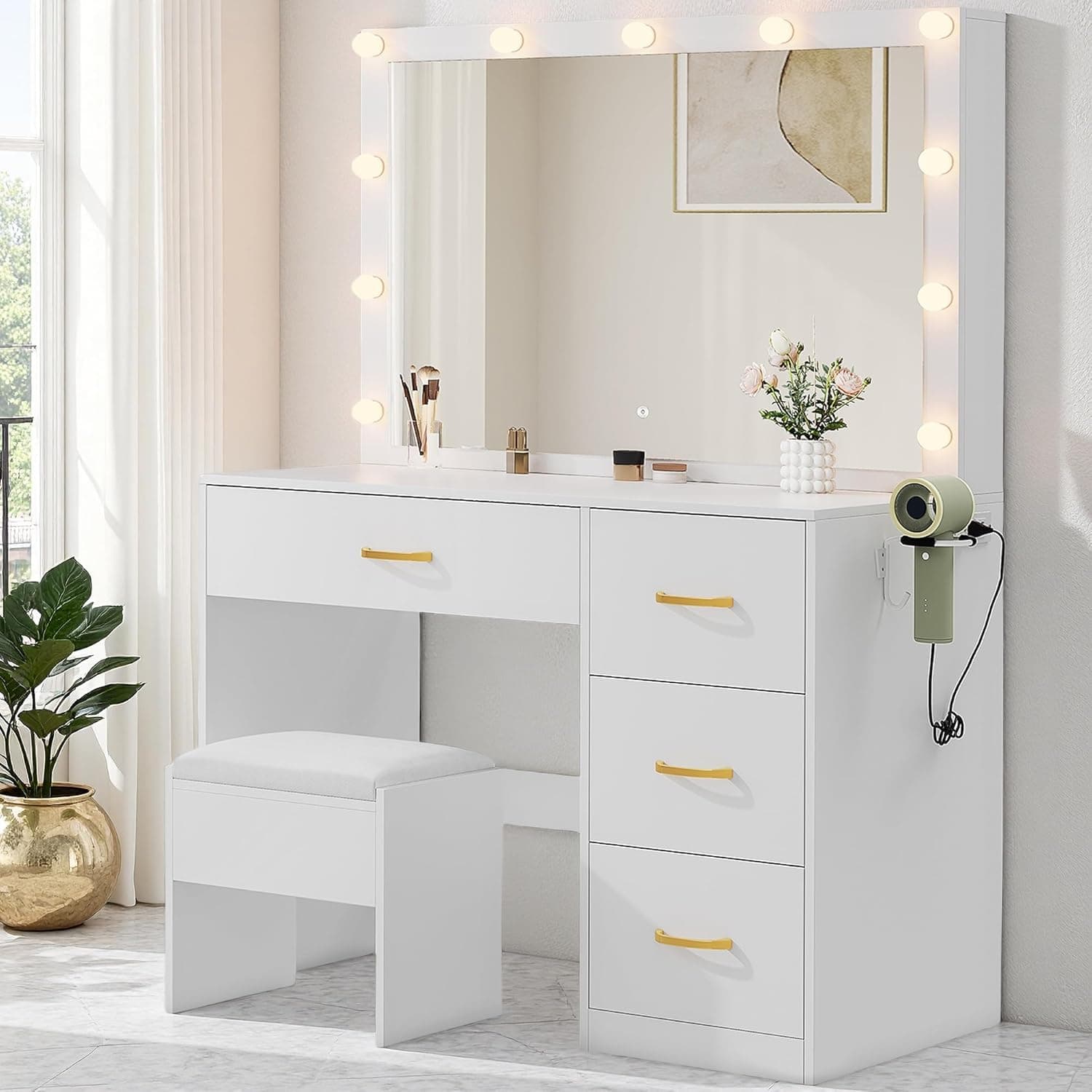 DWVO LED Makeup Vanity Table with 3 Light Modes, 4 Storage Drawers, Built-in Power Outlets & Hairdryer Holder, Dressing Table with Cushioned Stool Cool White Bulbs - Image 2