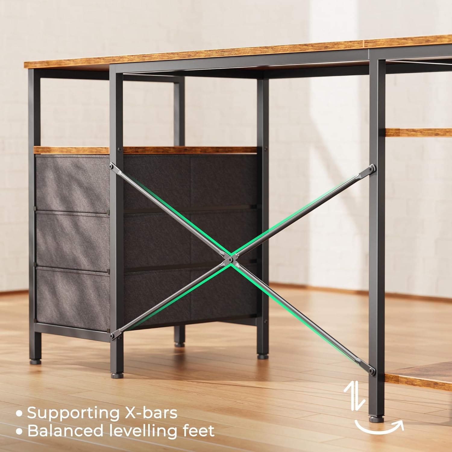 Huuger L型办公桌，带电源插座，47英寸电脑桌，配有3个抽屉和架子，适合游戏、角落工作、家庭办公室、学习，复古棕色 - Image 10