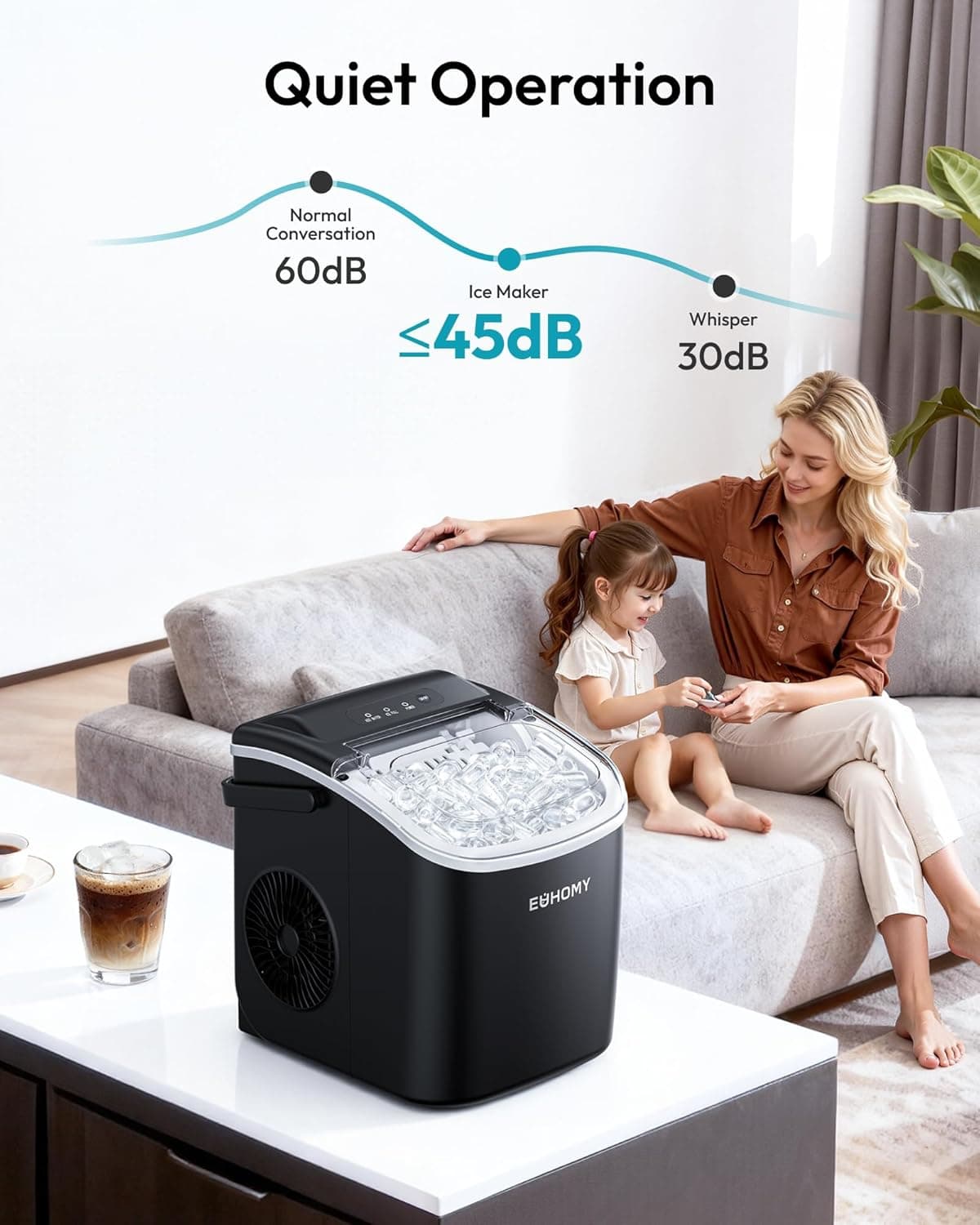 EUHOMY Countertop Ice Maker Machine with Handle, 26lbs in 24Hrs, 9 Ice Cubes Ready in 6 Mins, Auto-Cleaning Portable Ice Maker with Basket and Scoop, for Home/Kitchen/Camping/RV. (Black) ICE MACHINE 11.57"D x 11.42"W x 8.74"H Black - Image 9