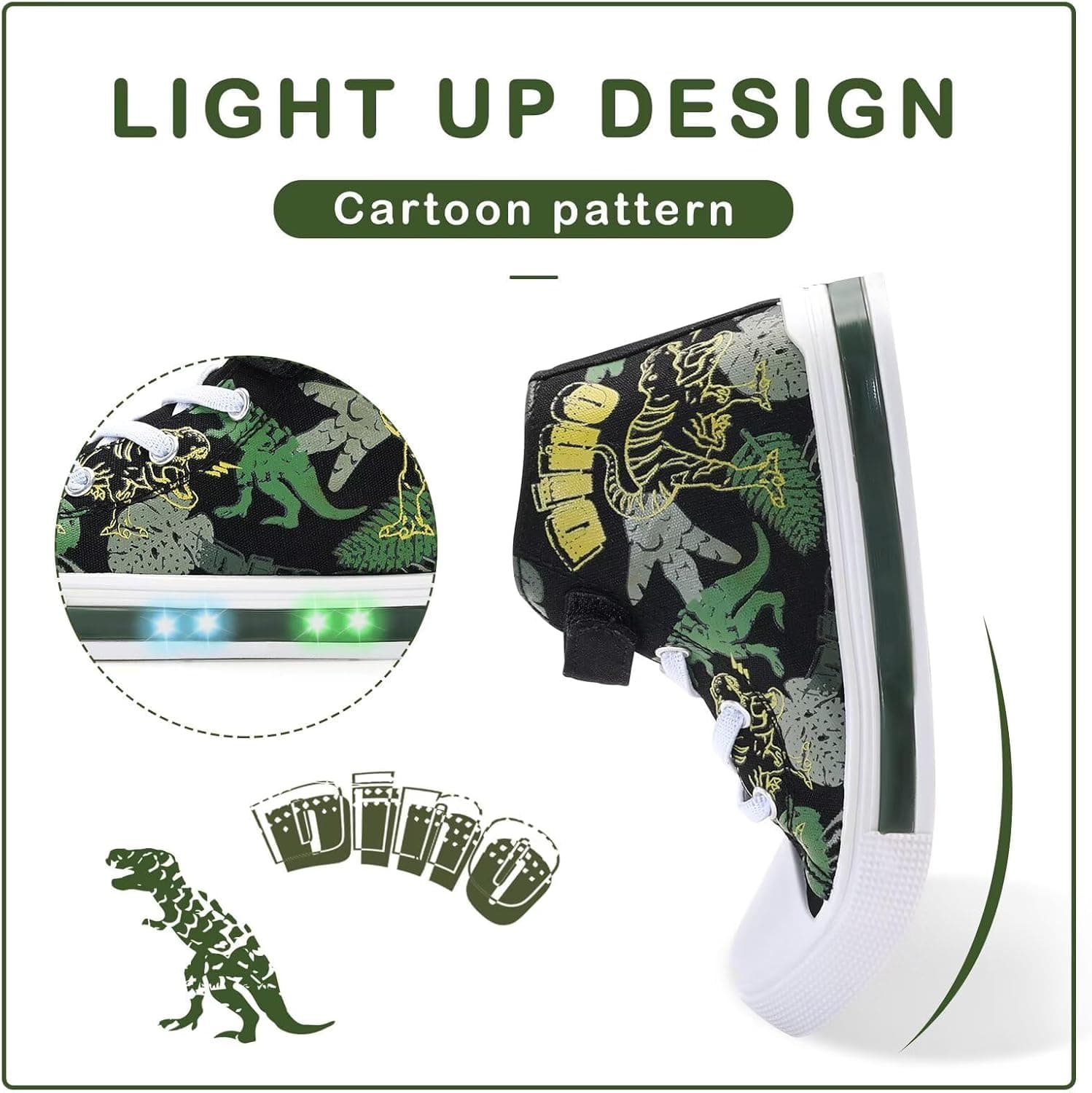 EUXTERPA Kids Toddler Sneakers Light Up Flashing Shoes Girls Boys Easy Fasten High Top Walking Canvas Sneaker 8 Toddler Green Dinosaur - Image 3