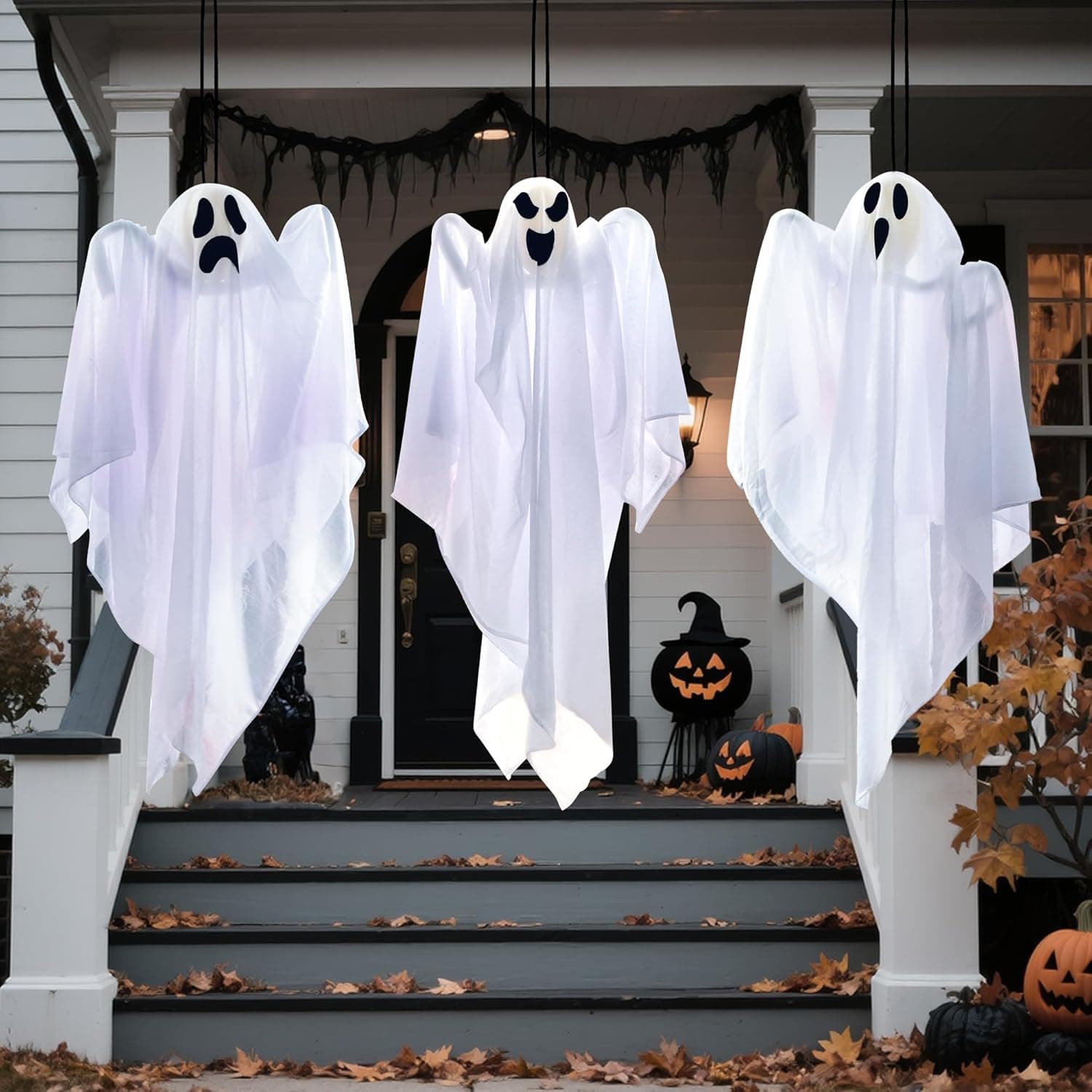 JOYIN 3 PCS Halloween Party Decoration 27.5" Hanging Ghosts, Cute Flying Ghost for Front Yard Patio Lawn Garden Party Décor and Holiday Decorations - Image 9