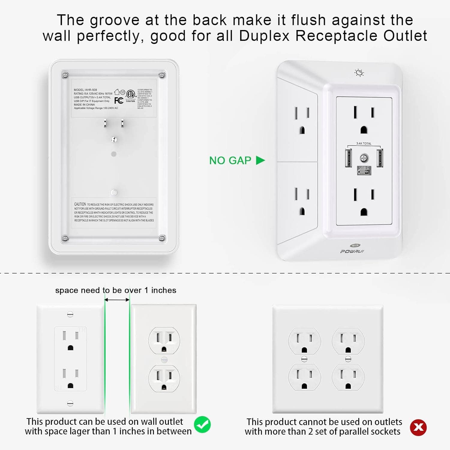 POWRUI Multi Plug 6 Outlet Surge Protector Extender with 3 USB Ports (1 USB C) and Night Light, 3-Sided Power Strip with Adapter Spaced Outlets, ETL Listed, White 2U1C White - Image 4