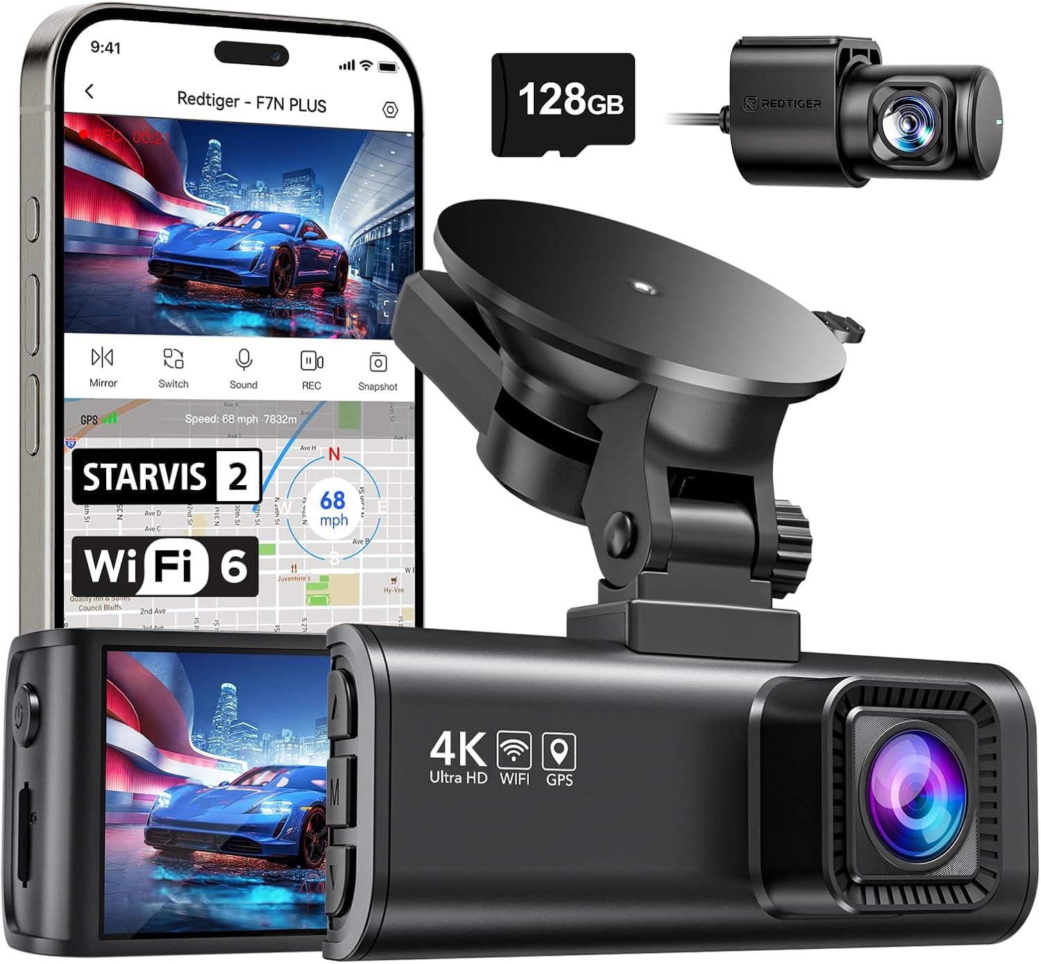 REDTIGER 4K Dash Cam Front Rear, STARVIS 2 Sensor, Free Card Included, 5.8GHz WiFi-20MB/s Fast Download, Dash Camera for Cars with GPS, WDR Night Vision, 170°Wide Angle, 24H Parking Mode(F7NP) - Image 2