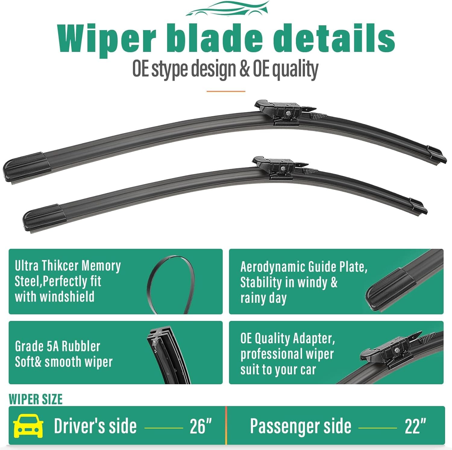 26" 22" 11" Windshield Wiper Blades Replacement for Ford Explorer 2011 2012 2013 2014 2015 2016 2017 2018 2019 2020 2021 2022 2023 2024 OEM Premium All Weather Front Rear Wipers Set (Pack of 3) - Image 4