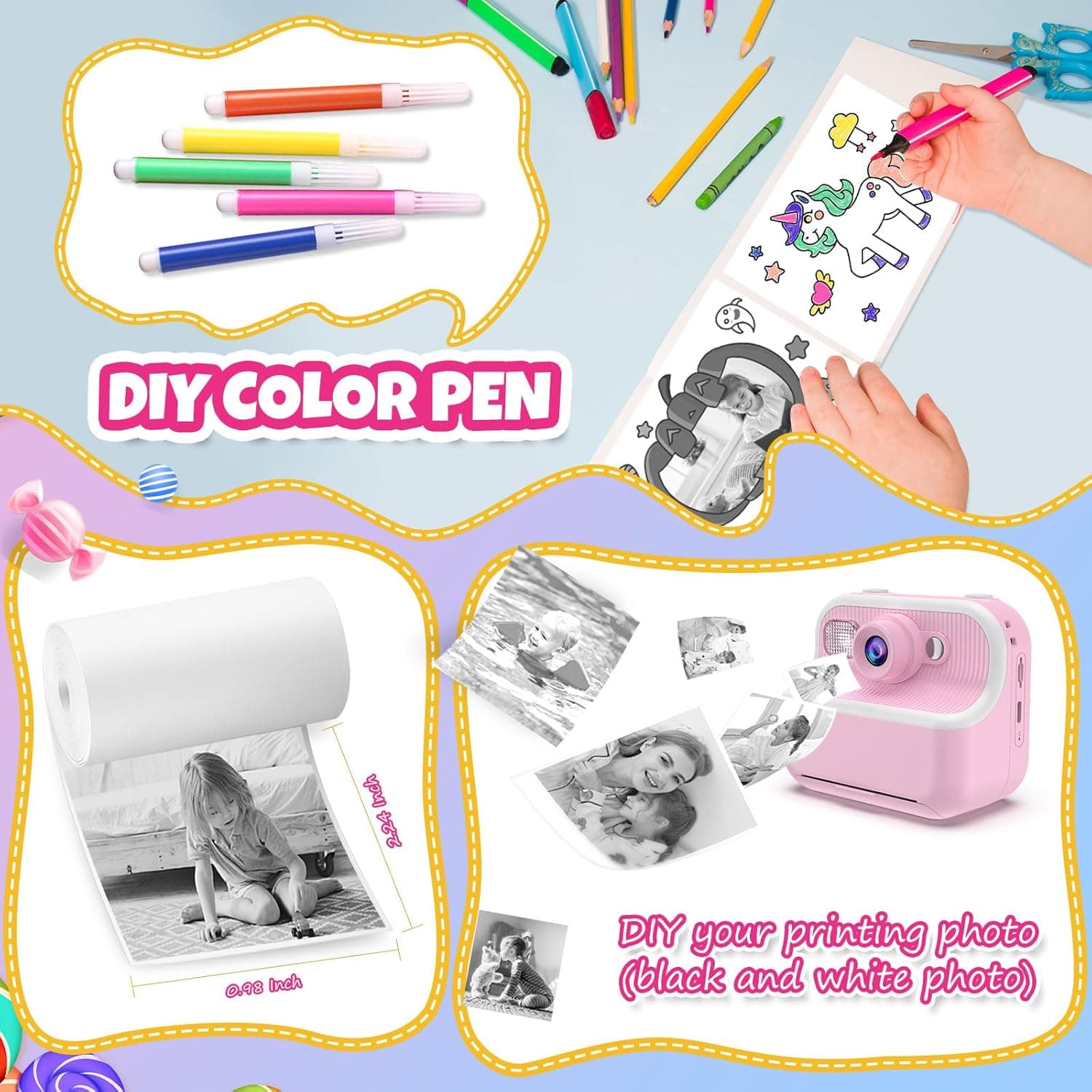 Kids Camera Instant Print,1080P HD Dual Lens Selfie Camera Toys for Girls & Boys Ages 3-12, Instant Photo Printing with 3 Rolls of Paper & 32GB Card, Christmas Birthday Gift for Toddlers (Pink) - Image 7