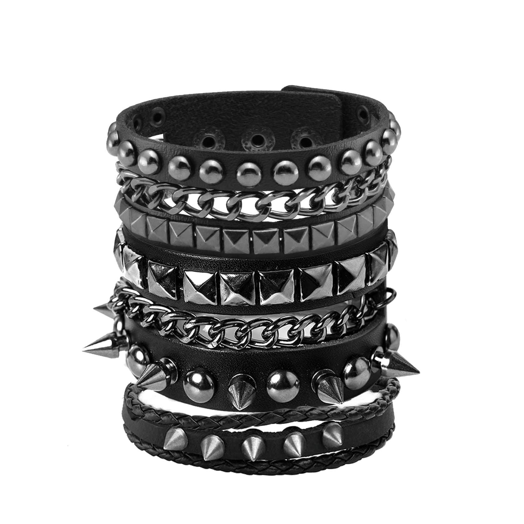 Eigso Leather Punk Rock Cuff Bracelets for Men Women Retro Vintage Chain 80s Wristband Set for Man Woman 3Pcs-C